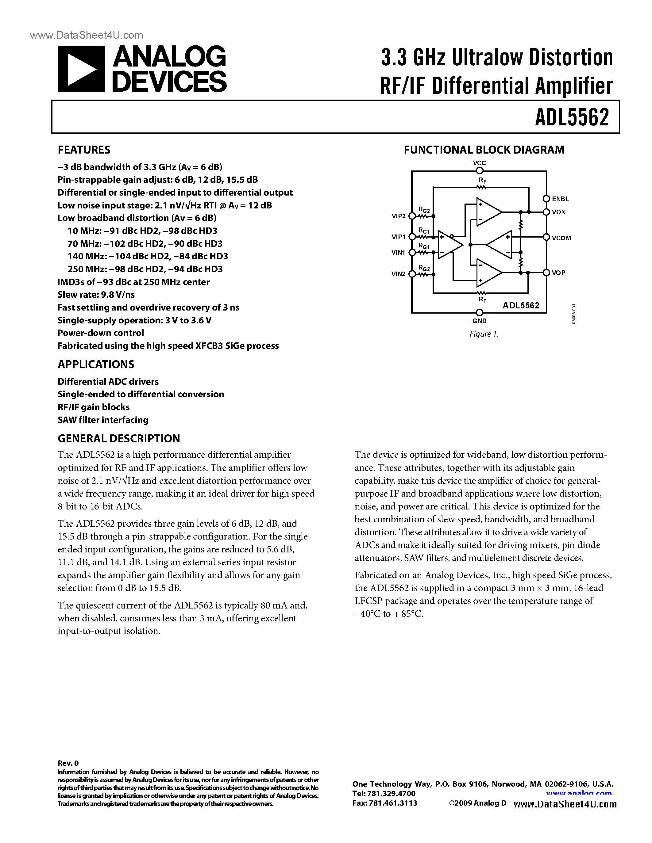 Datasheet ADL5562 - 3.3 GHz Ultralow Distortion RF/IF Differential Amplifier page 1