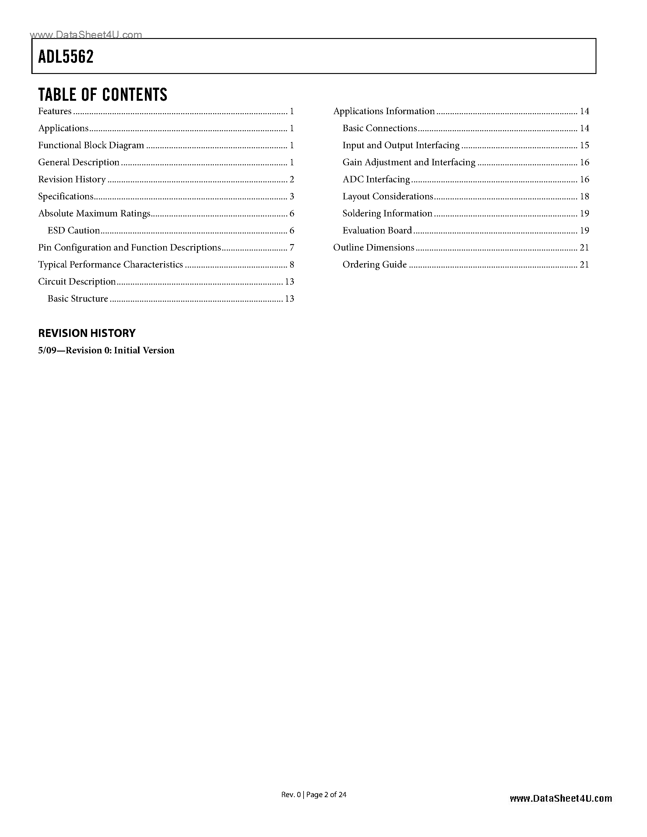Datasheet ADL5562 - 3.3 GHz Ultralow Distortion RF/IF Differential Amplifier page 2