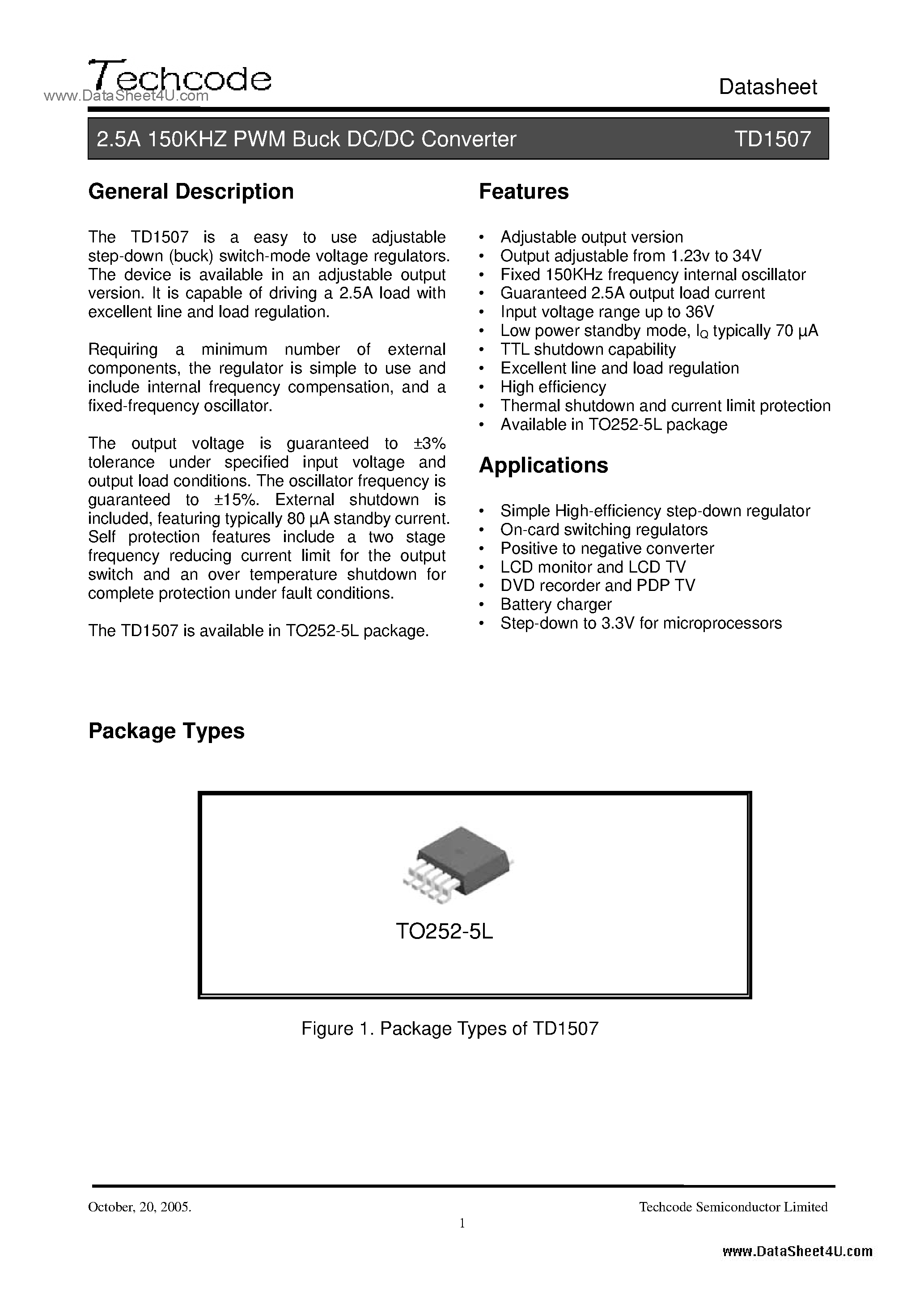 Datasheet TD1507 page 1 Datasheet TD1507 - 2.5A 150KHZ PWM Buck DC/DC Converter page 1
