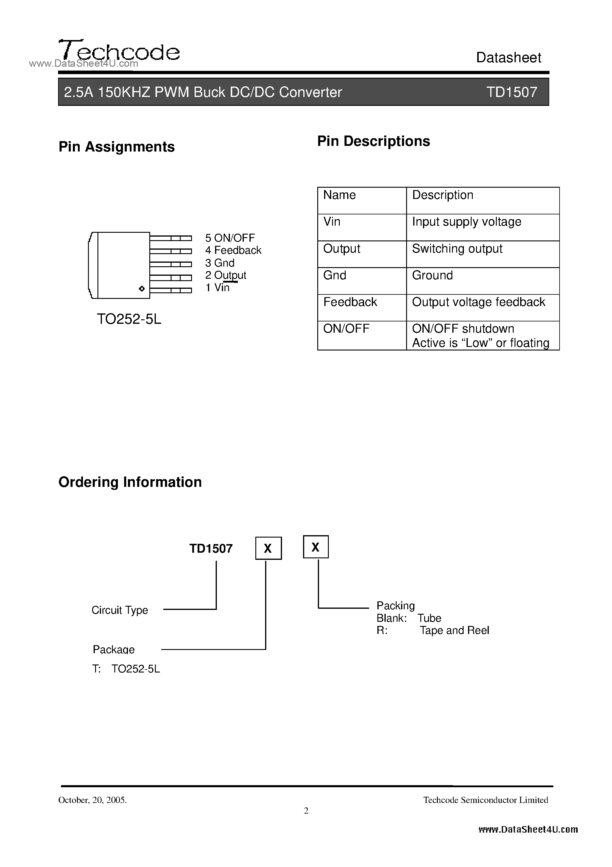 Datasheet TD1507 page 2 Datasheet TD1507 - 2.5A 150KHZ PWM Buck DC/DC Converter page 2