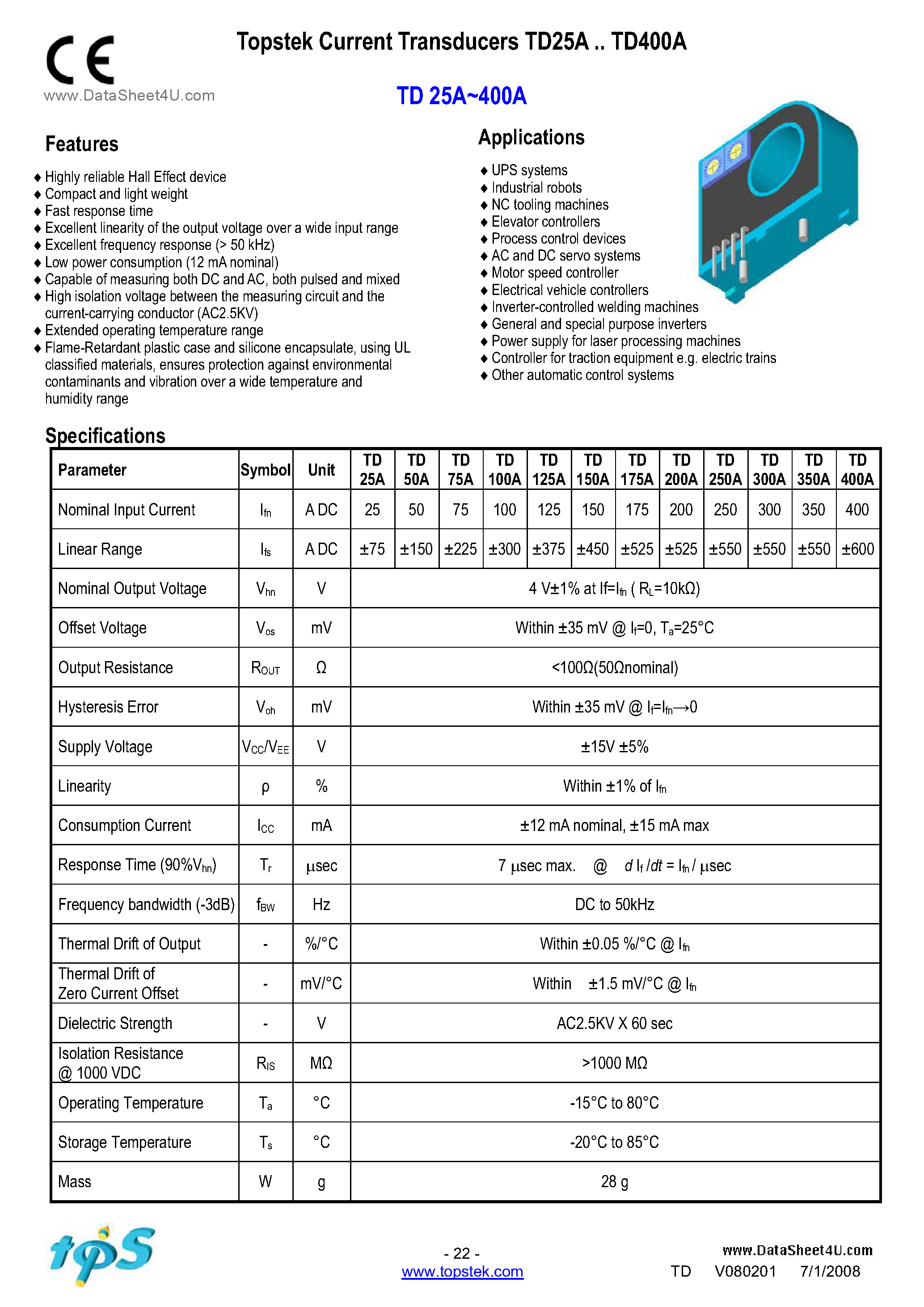 Datasheet TD125A page 1 Datasheet TD125A - Topstek Current Transducers page 1