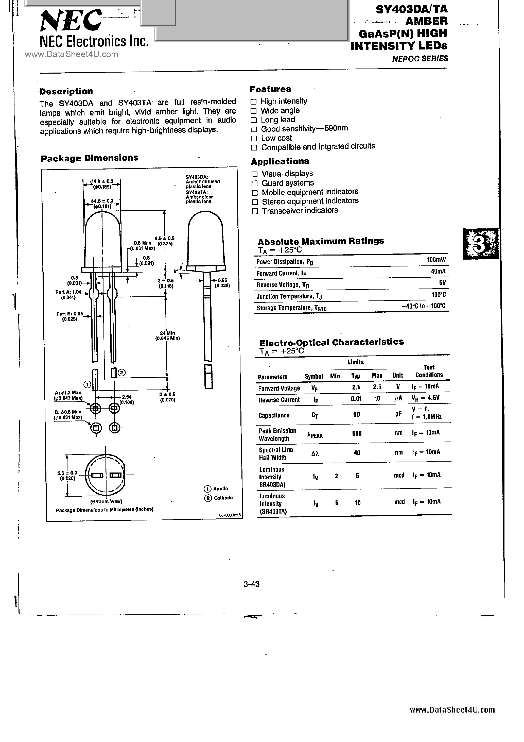 Datasheet SY403DA page 1 Datasheet SY403DA - AMBER GAASP(N) HIGH INTENSITY LEDS page 1