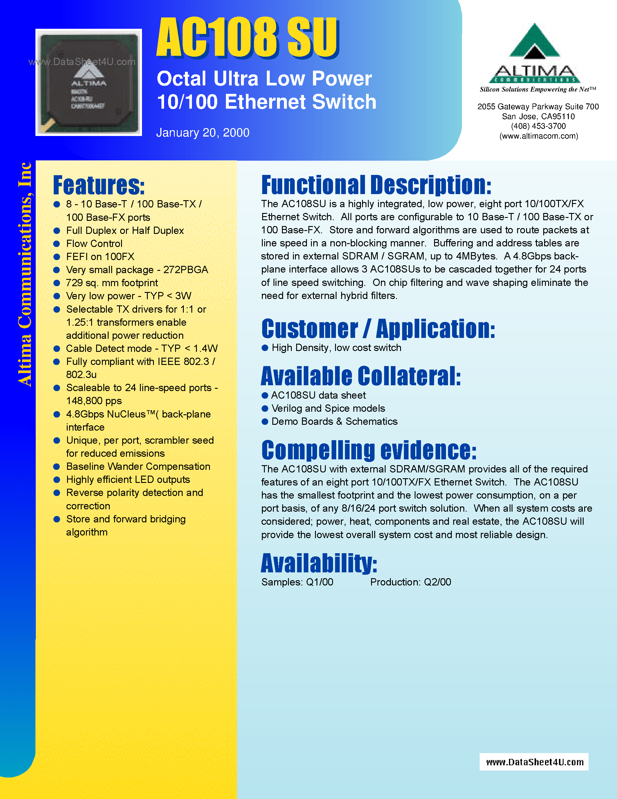 Даташит на микросхему AC108SU страница 1 Даташит AC108SU - Octal Ultra Low Power 10/100 Ethernet Switch страница 1