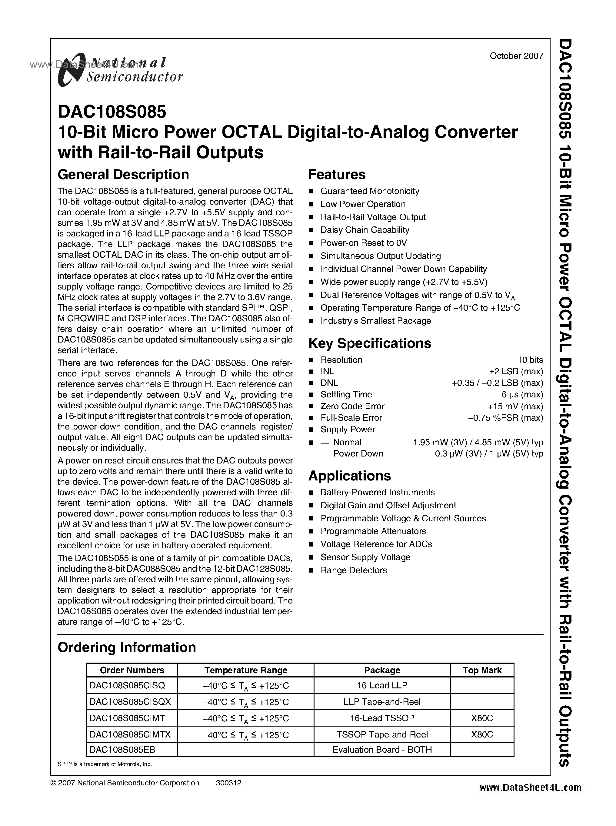 Datasheet DAC108S085 page 1 Datasheet DAC108S085 - 10-Bit Micro Power OCTAL Digital-to-Analog Converter page 1