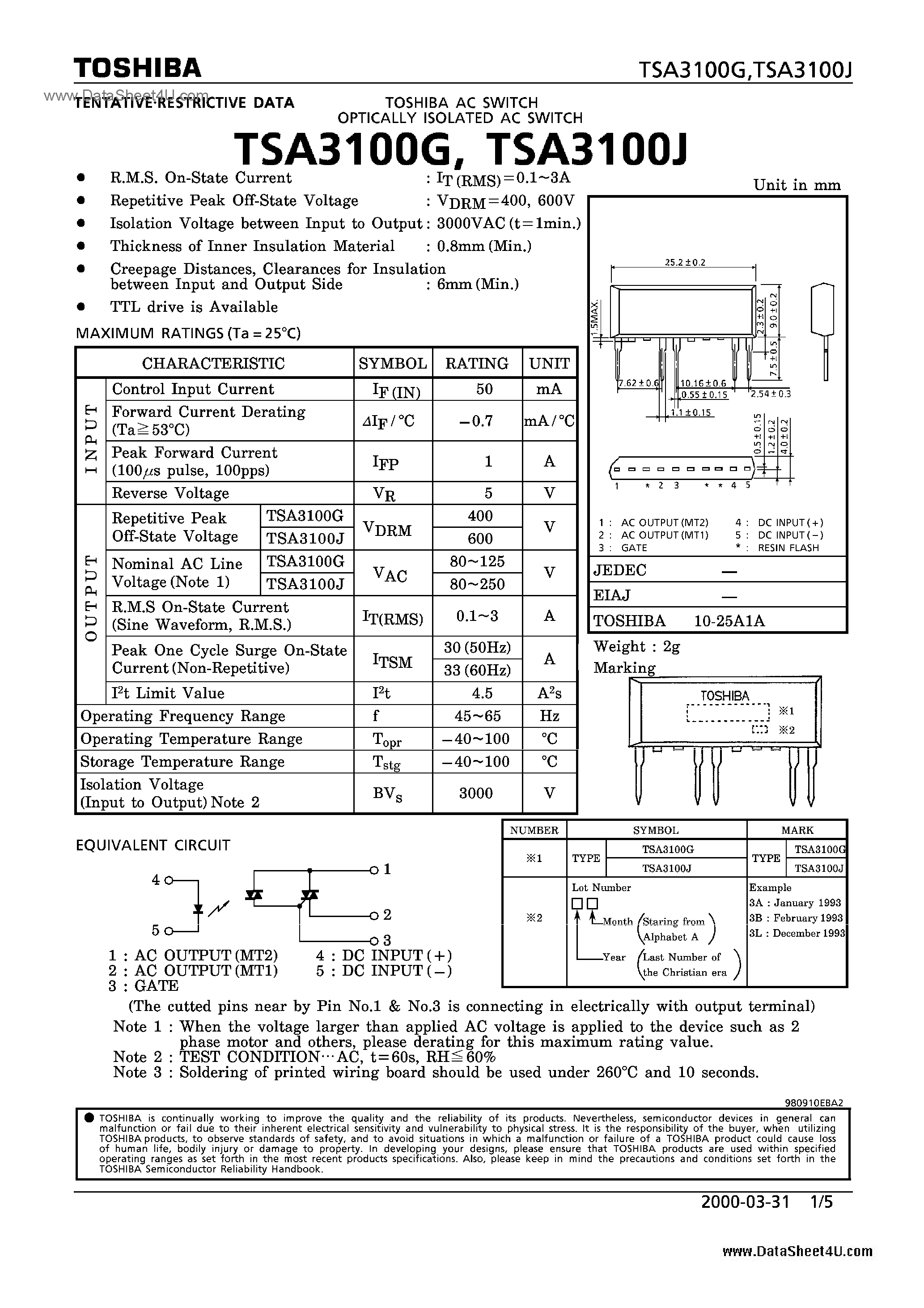 Datasheet TSA3100G page 1 Datasheet TSA3100G - POTICALLY ISOLATED AC SWITCH page 1