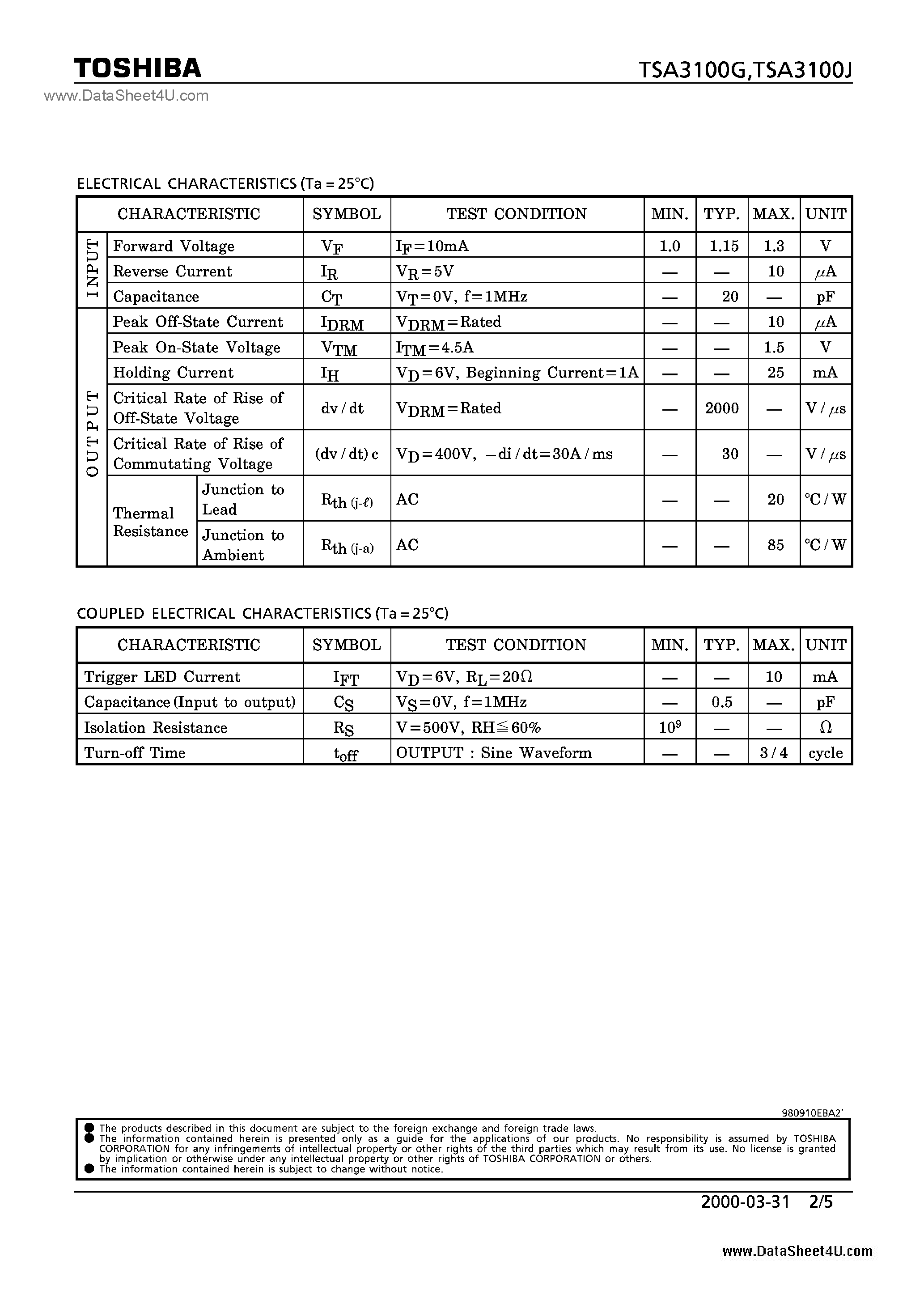 Datasheet TSA3100G page 2 Datasheet TSA3100G - POTICALLY ISOLATED AC SWITCH page 2