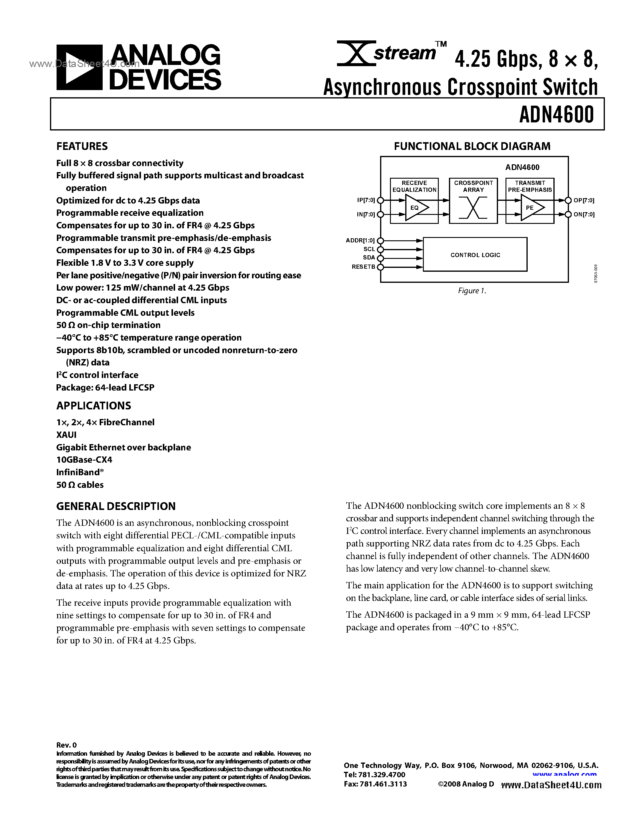 Даташит на микросхему ADN4600 страница 1 Даташит ADN4600 - Asynchronous Crosspoint Switch страница 1