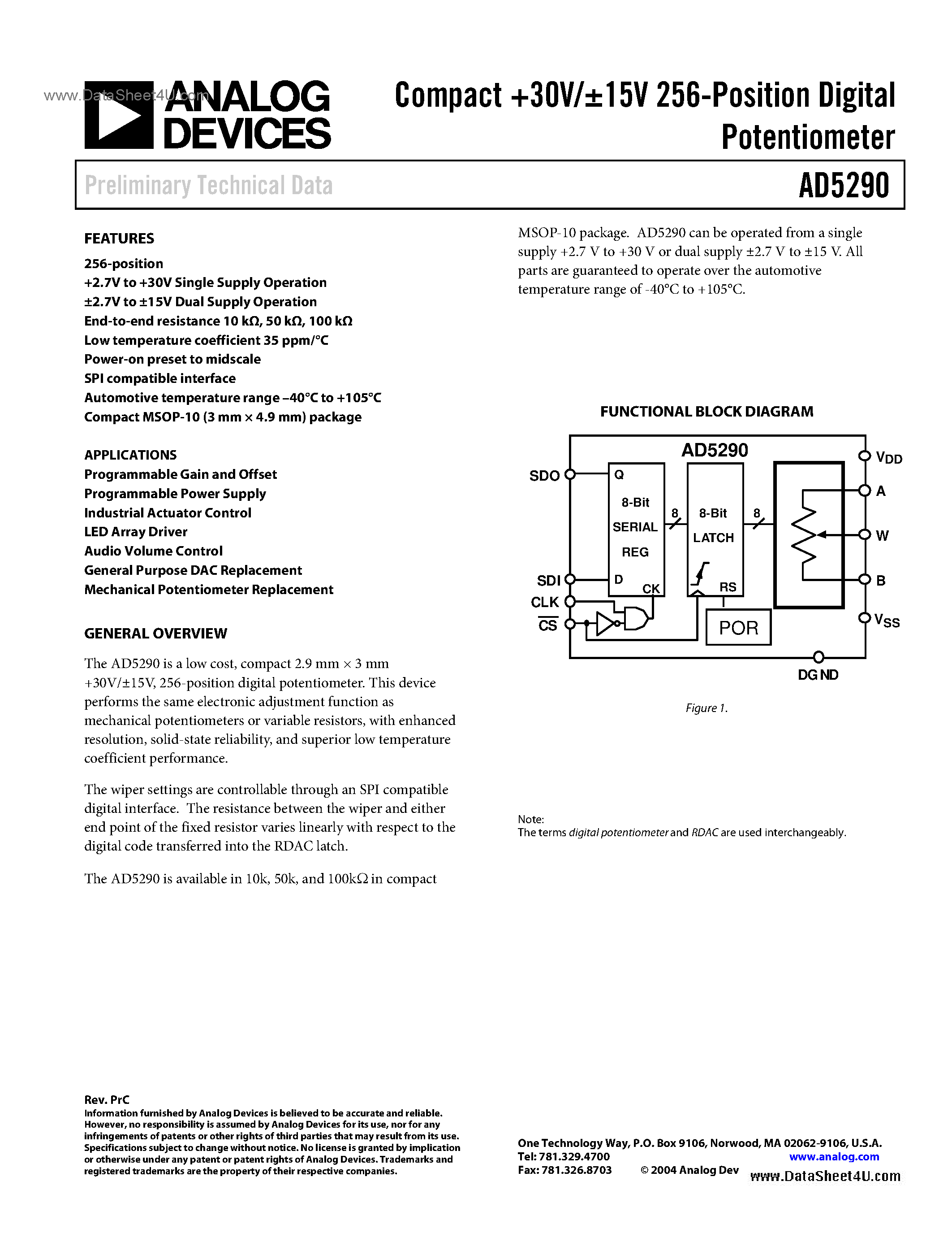 Datasheet AD5290 - Compact 30V/+-15V 256-Position Digital Potentiometer page 1
