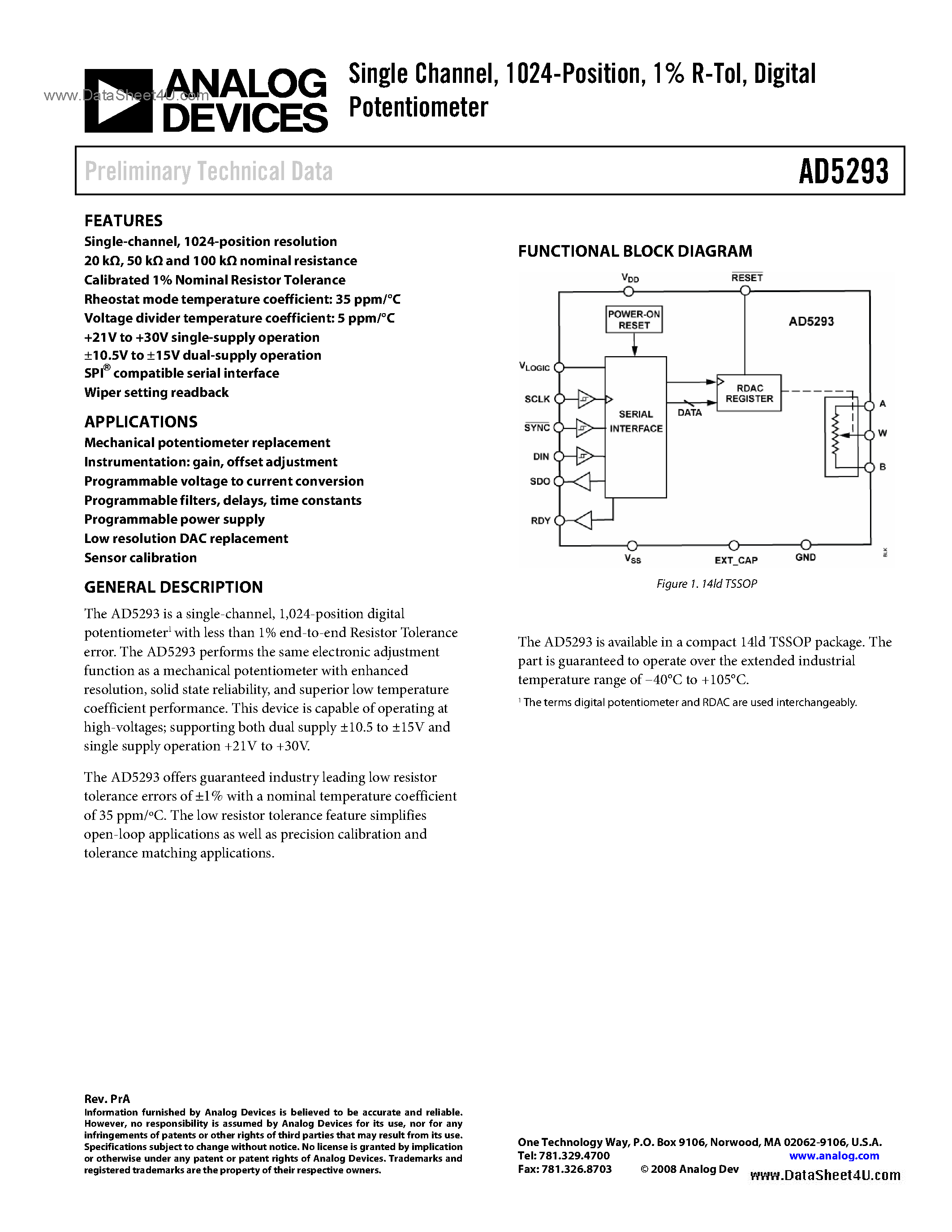 Datasheet AD5293 - Digital Potentiometer page 1