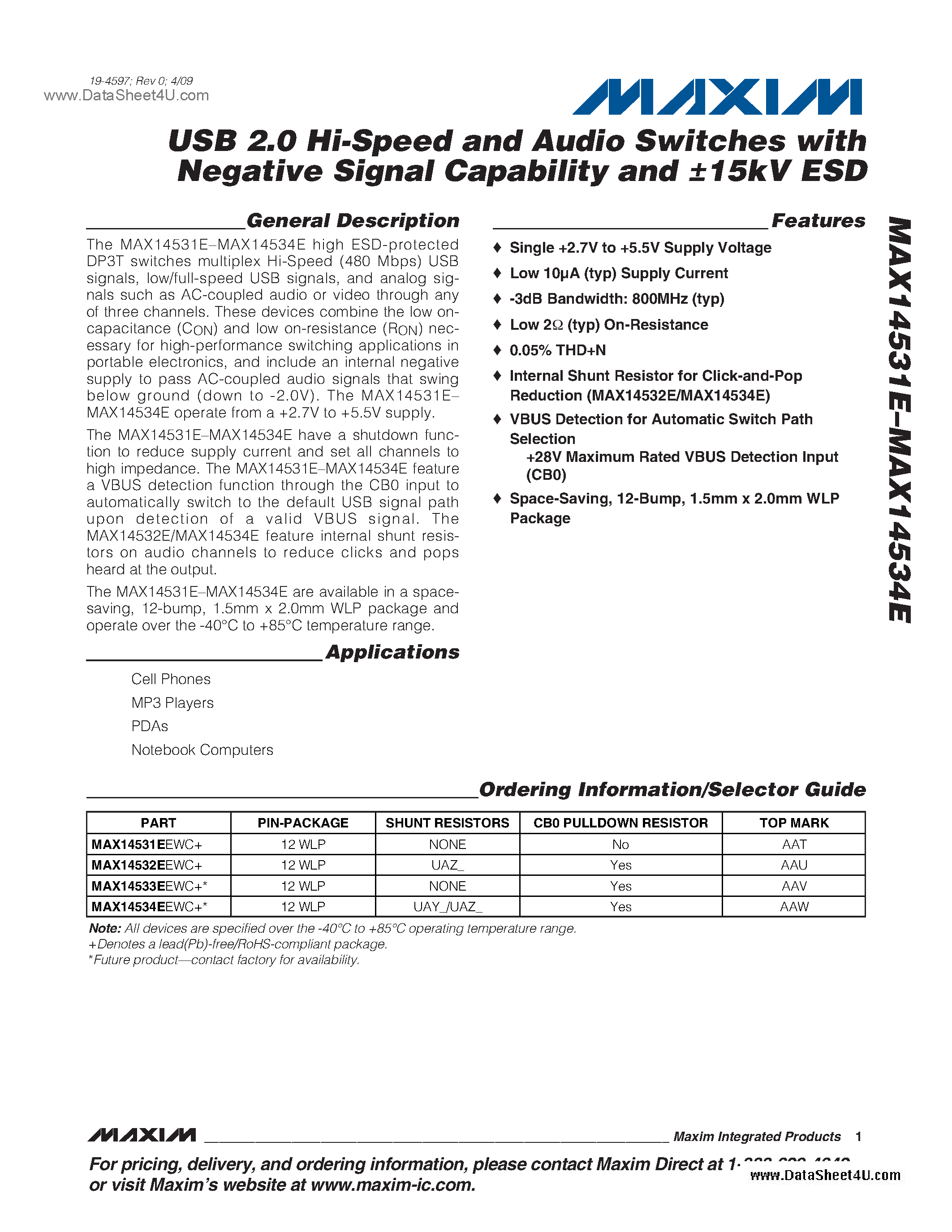 Datasheet MAX14531E - (MAX14531E - MAX14534E) USB 2.0 Hi-Speed And Audio Switches page 1