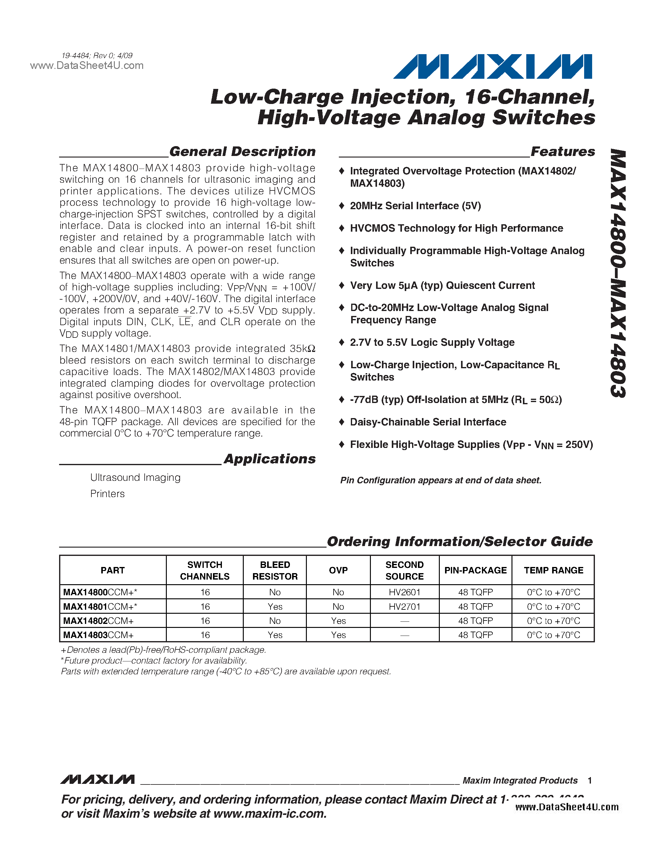 Datasheet MAX14800 - (MAX14800 - MAX14803) High-Voltage Analog Switches page 1
