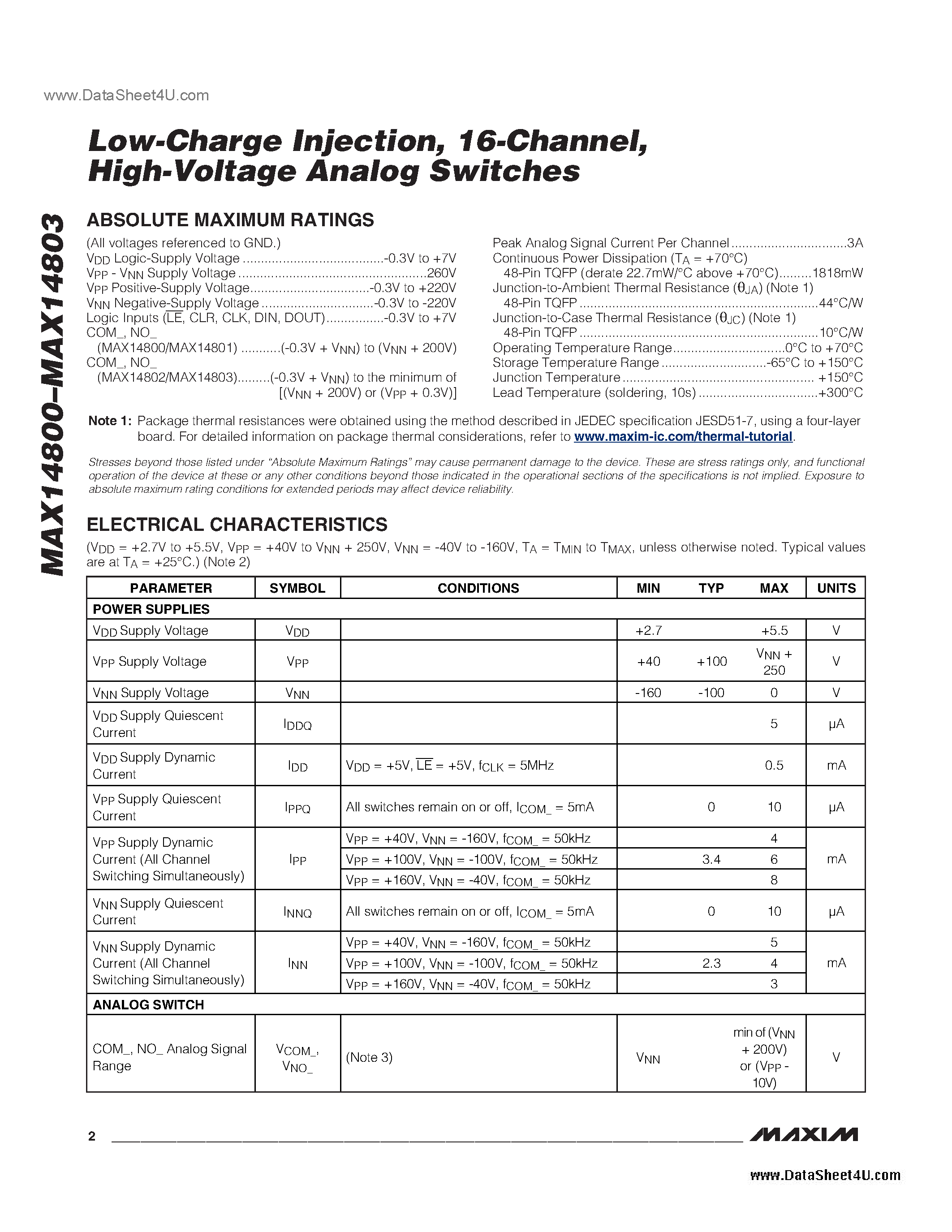 Datasheet MAX14800 - (MAX14800 - MAX14803) High-Voltage Analog Switches page 2
