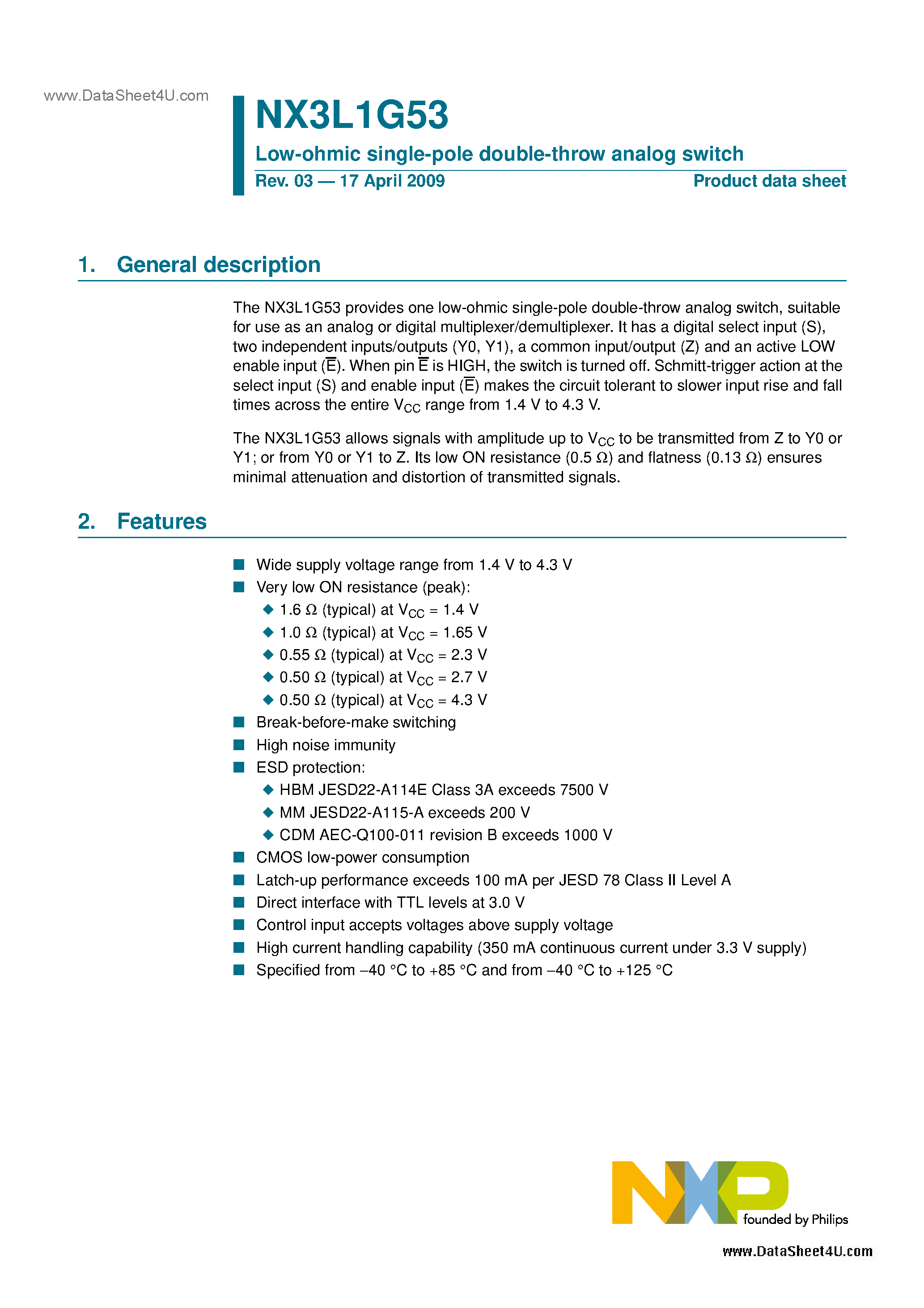 Datasheet NX3L1G53 - Low-ohmic Single-pole Double-throw Analog Switch page 1