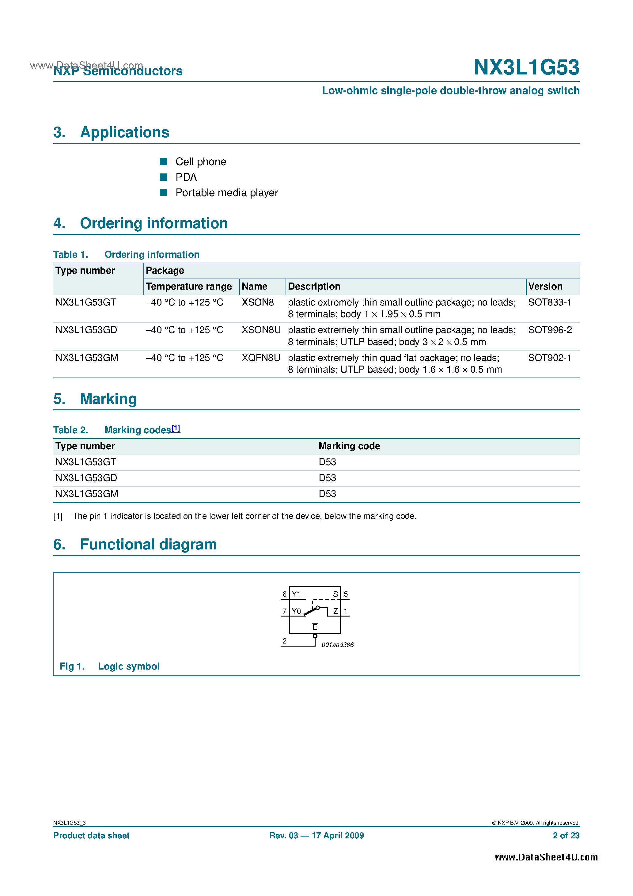 Datasheet NX3L1G53 - Low-ohmic Single-pole Double-throw Analog Switch page 2