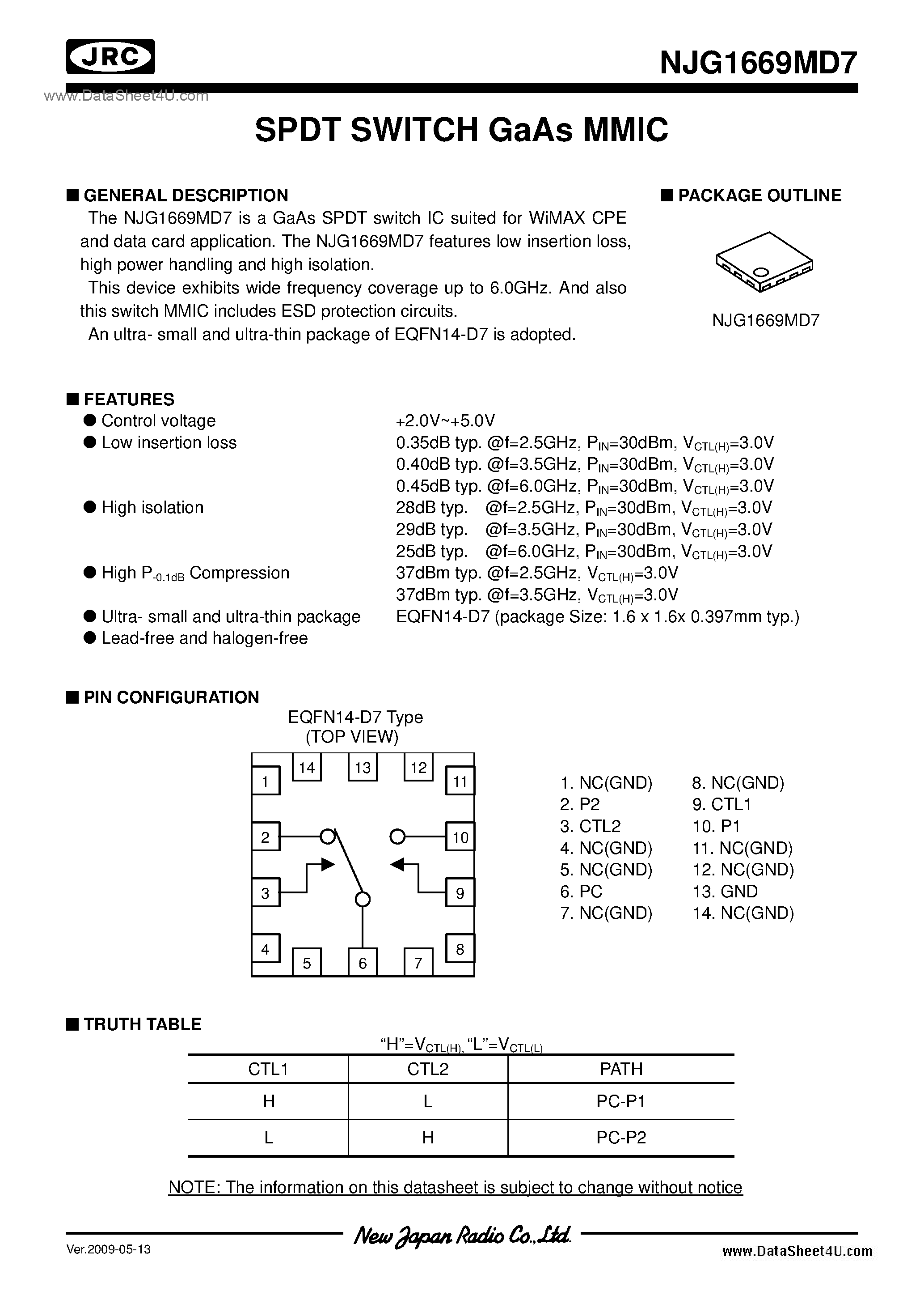 Datasheet NJG1669MD7 page 1 Datasheet NJG1669MD7 - SPDT SWITCH GaAs MMIC page 1