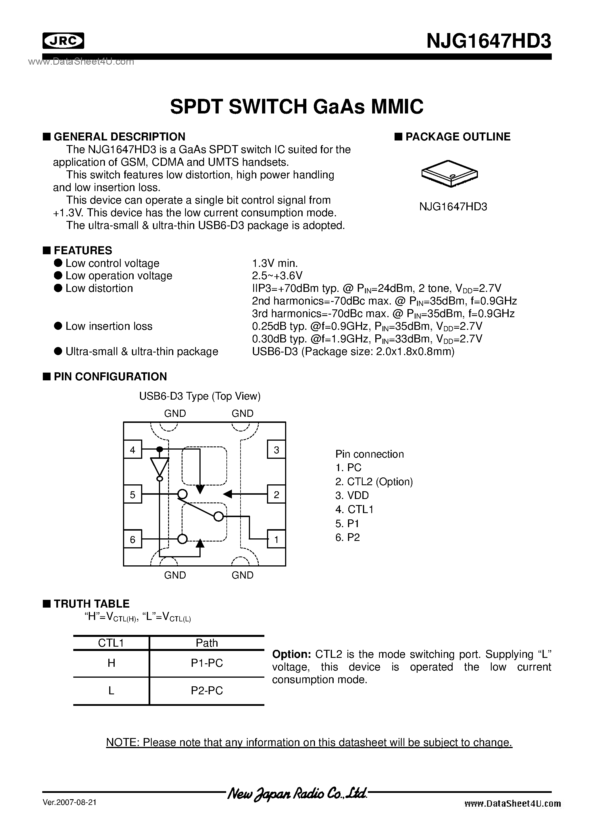Datasheet NJG1647HD3 page 1 Datasheet NJG1647HD3 - SPDT SWITCH GaAs MMIC page 1