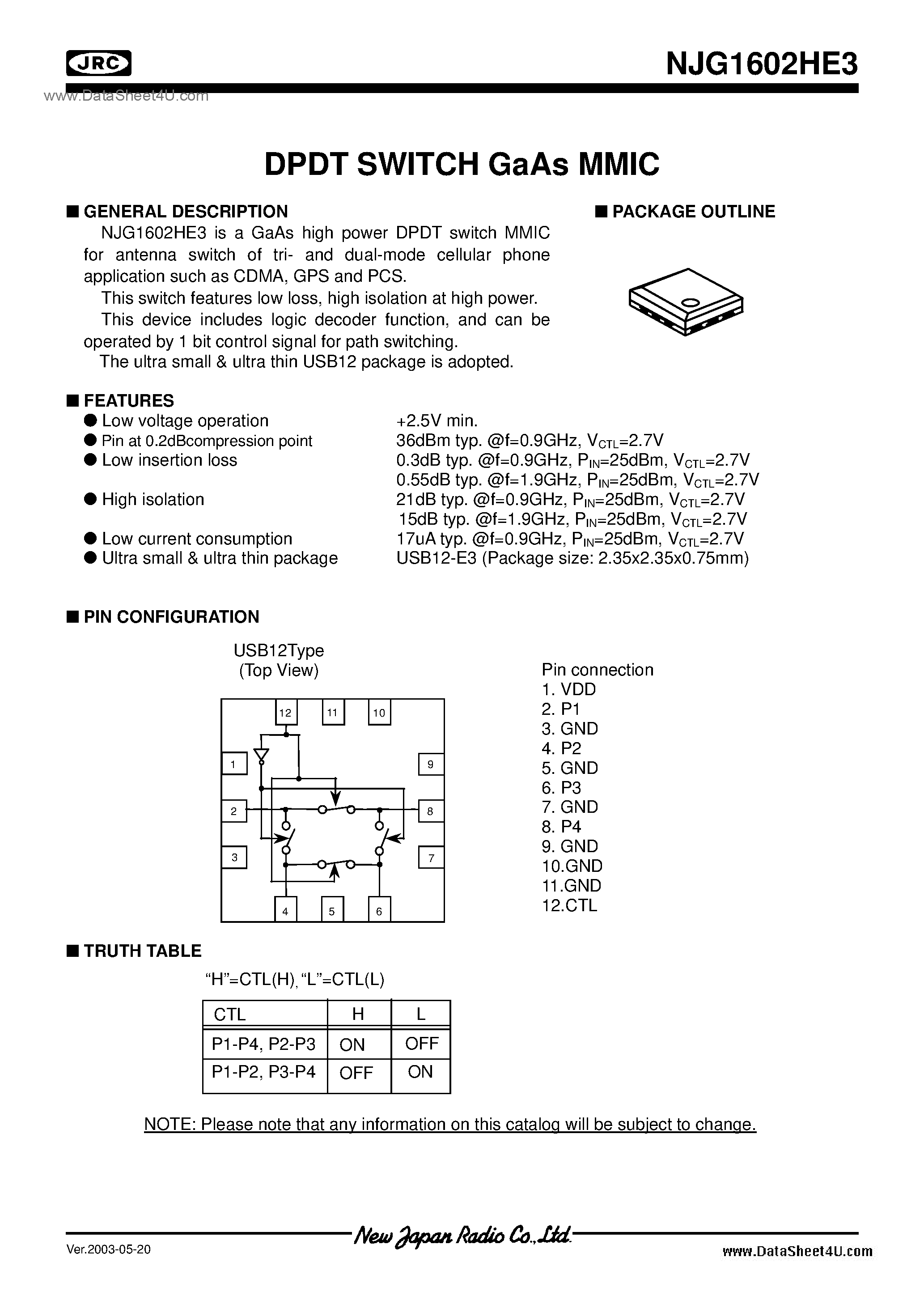 Datasheet NJG1602HE3 page 1 Datasheet NJG1602HE3 - DPDT Switch GAAS Mmic page 1