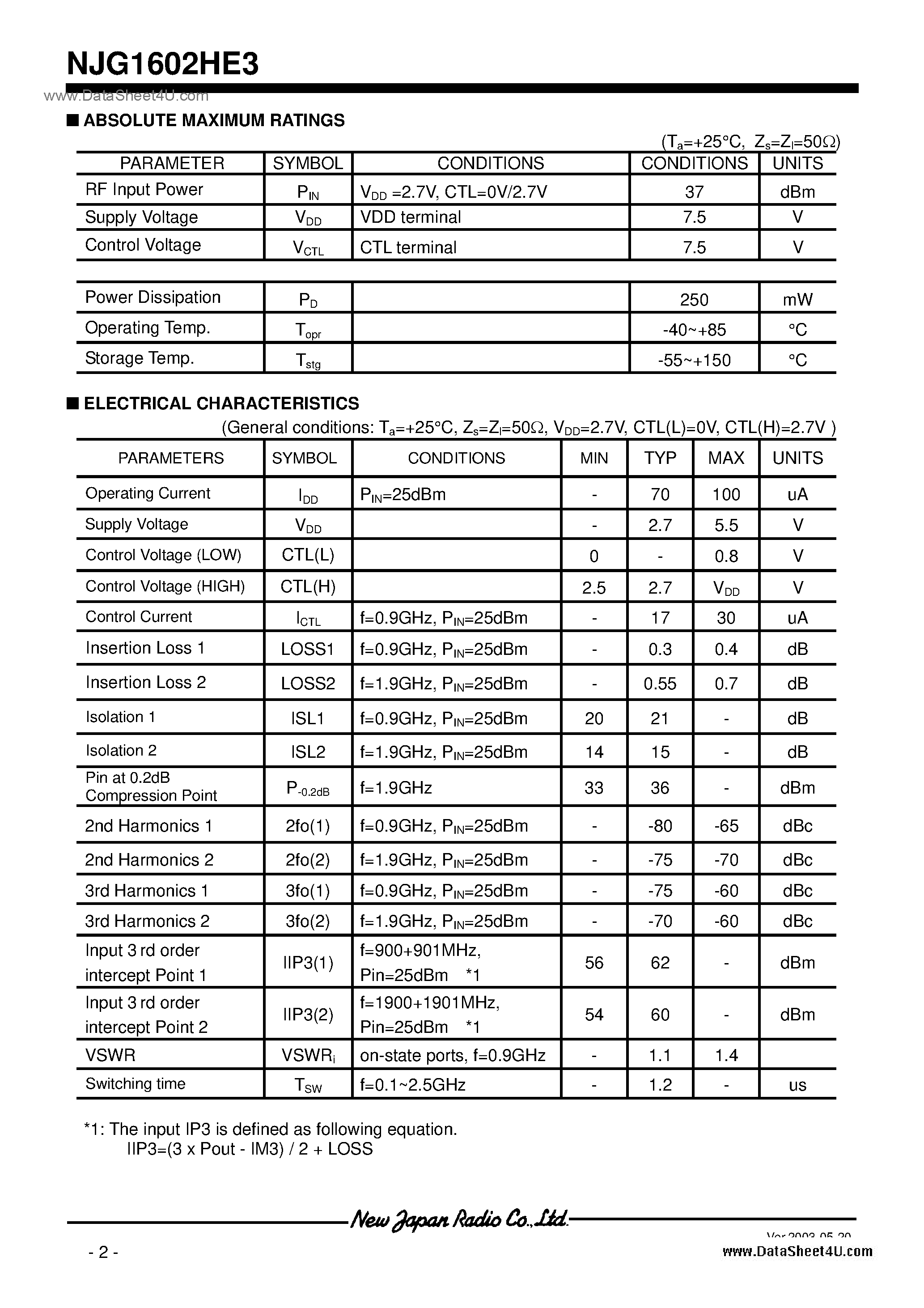 Datasheet NJG1602HE3 page 2 Datasheet NJG1602HE3 - DPDT Switch GAAS Mmic page 2