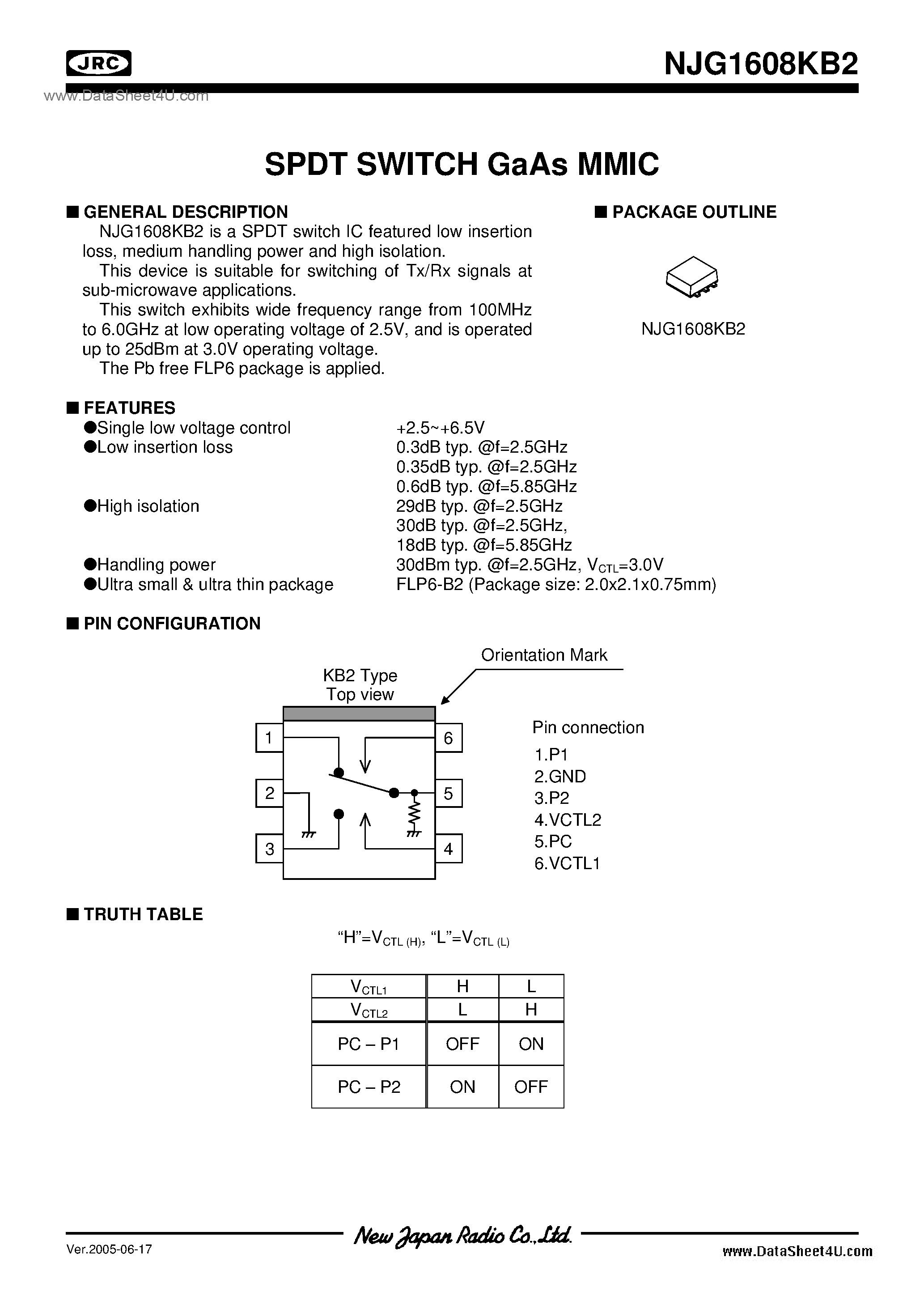 Datasheet NJG1608KB2 page 1 Datasheet NJG1608KB2 - SPDT Switch Gaas Mmic page 1