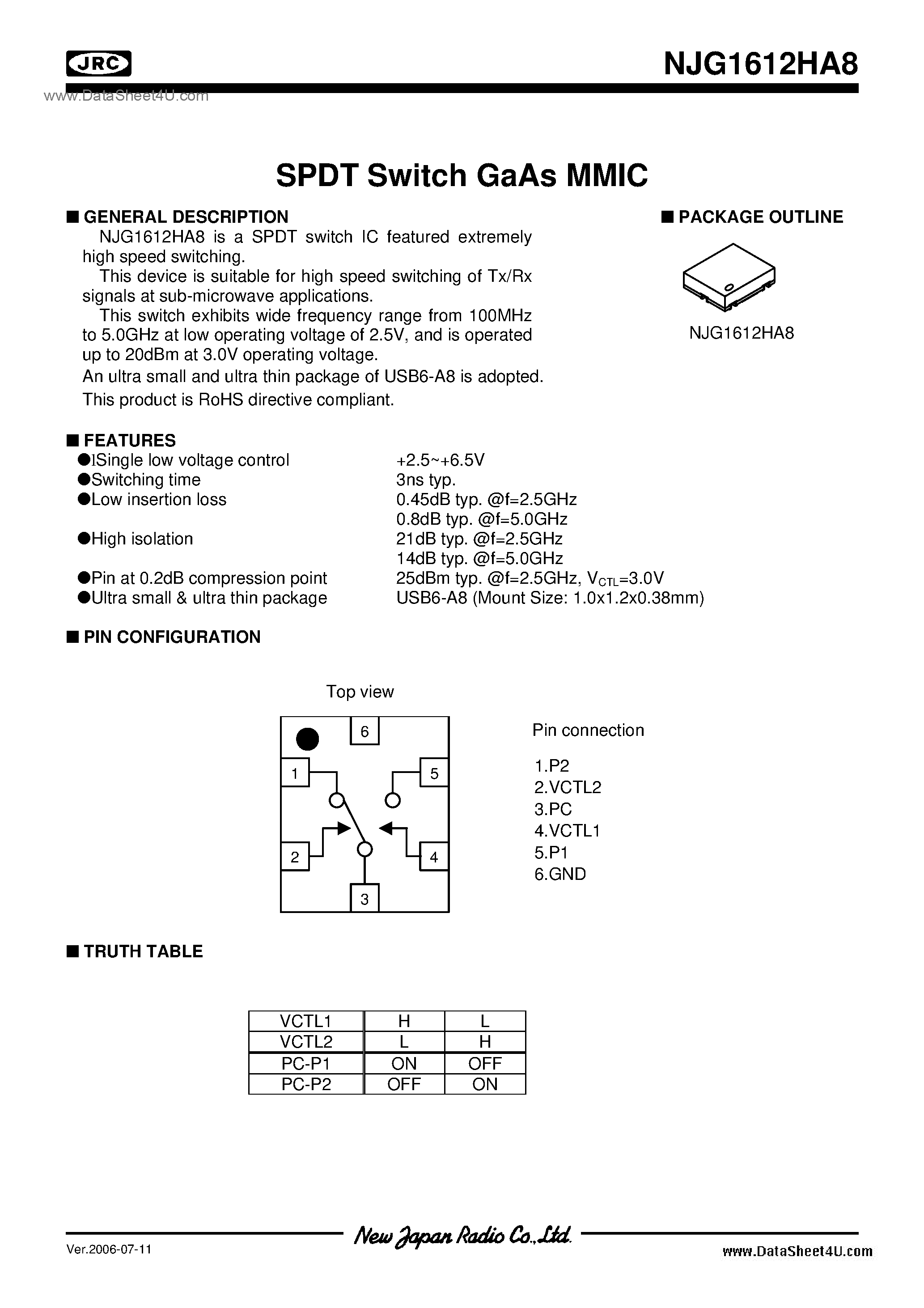 Datasheet NJG1612HA8 page 1 Datasheet NJG1612HA8 - SPDT Switch Gaas Mmic page 1