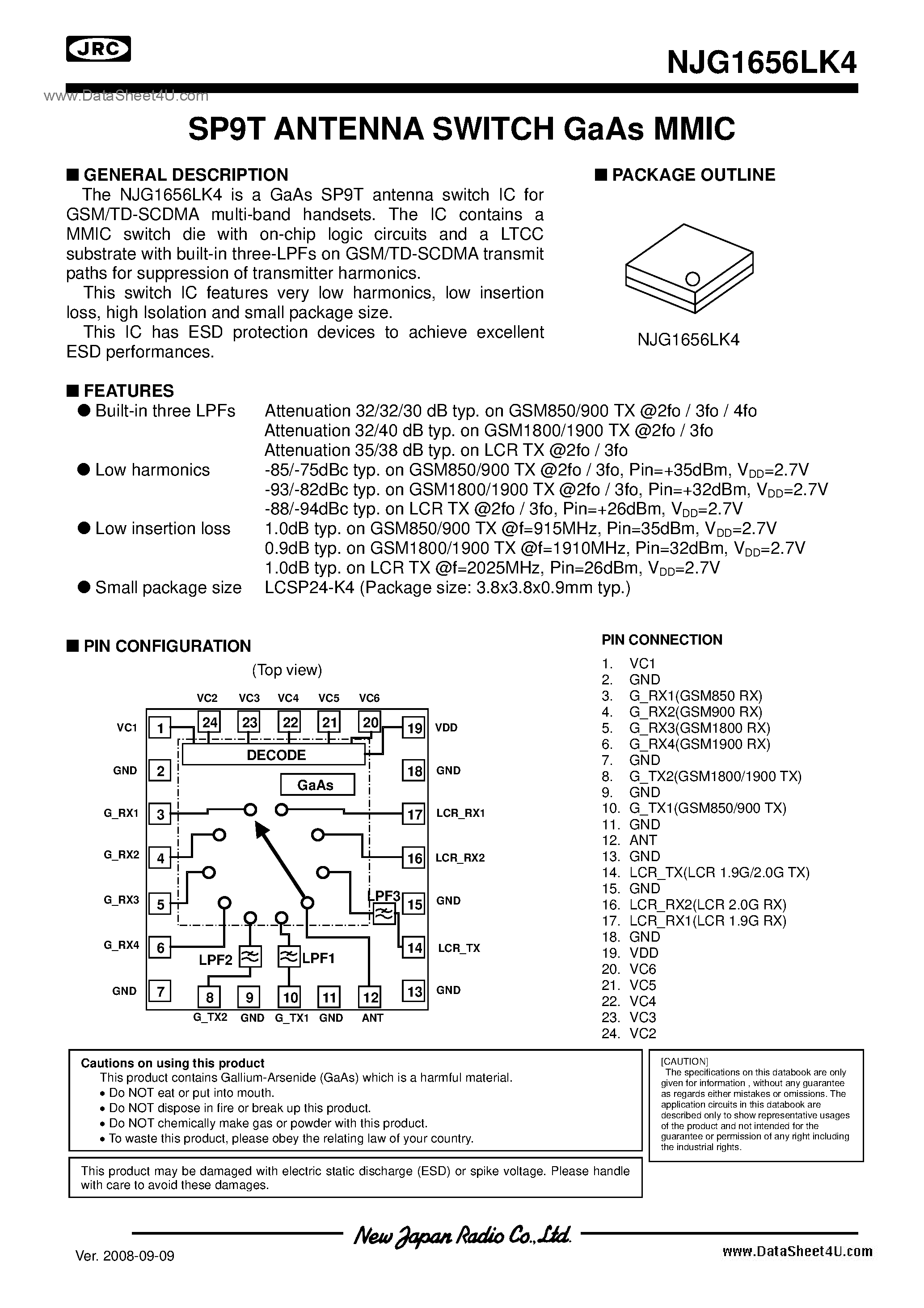 Datasheet NJG1656LK4 page 1 Datasheet NJG1656LK4 - SP9T Antenna Switch Gaas Mmic page 1