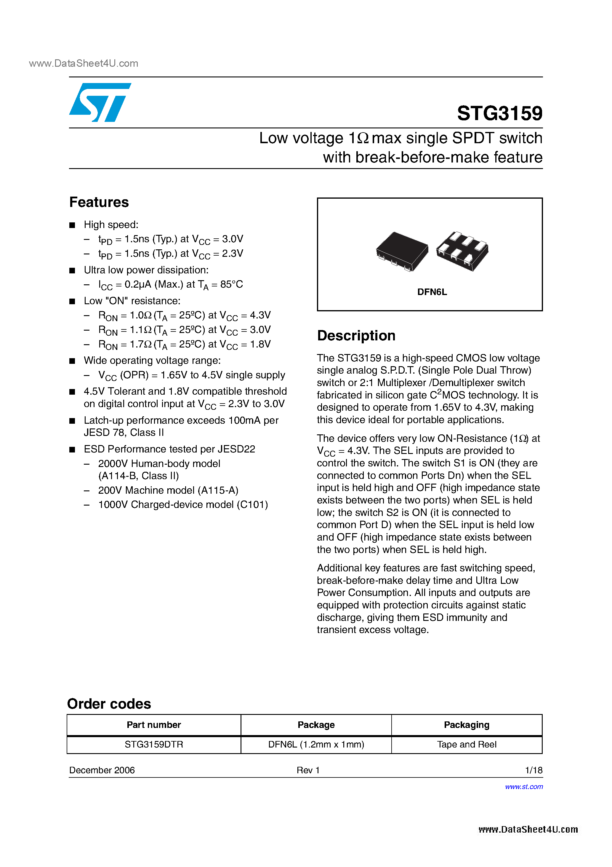 Datasheet STG3159 page 1 Datasheet STG3159 - single SPDT switch page 1