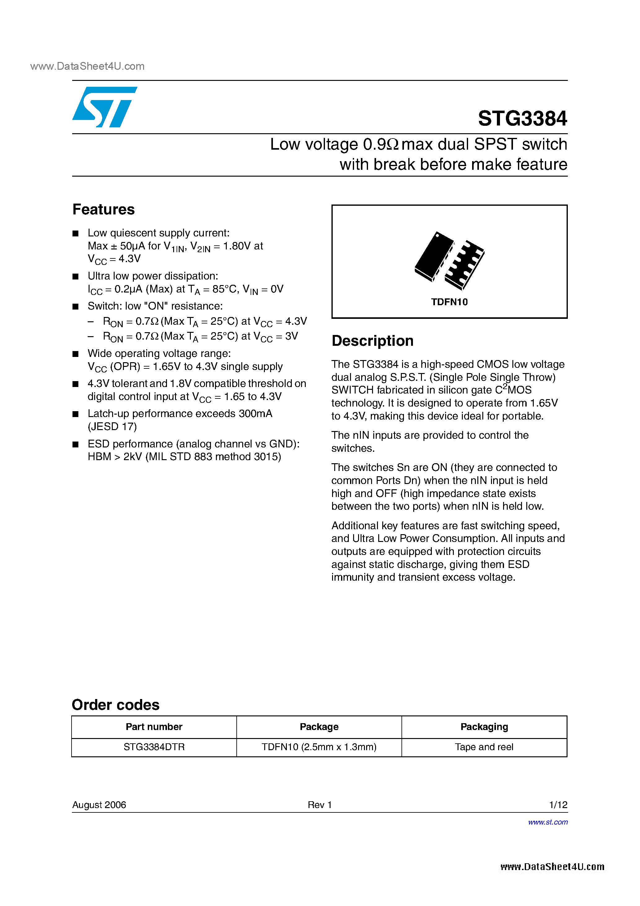 Datasheet STG3384 page 1 Datasheet STG3384 - dual SPST switch page 1