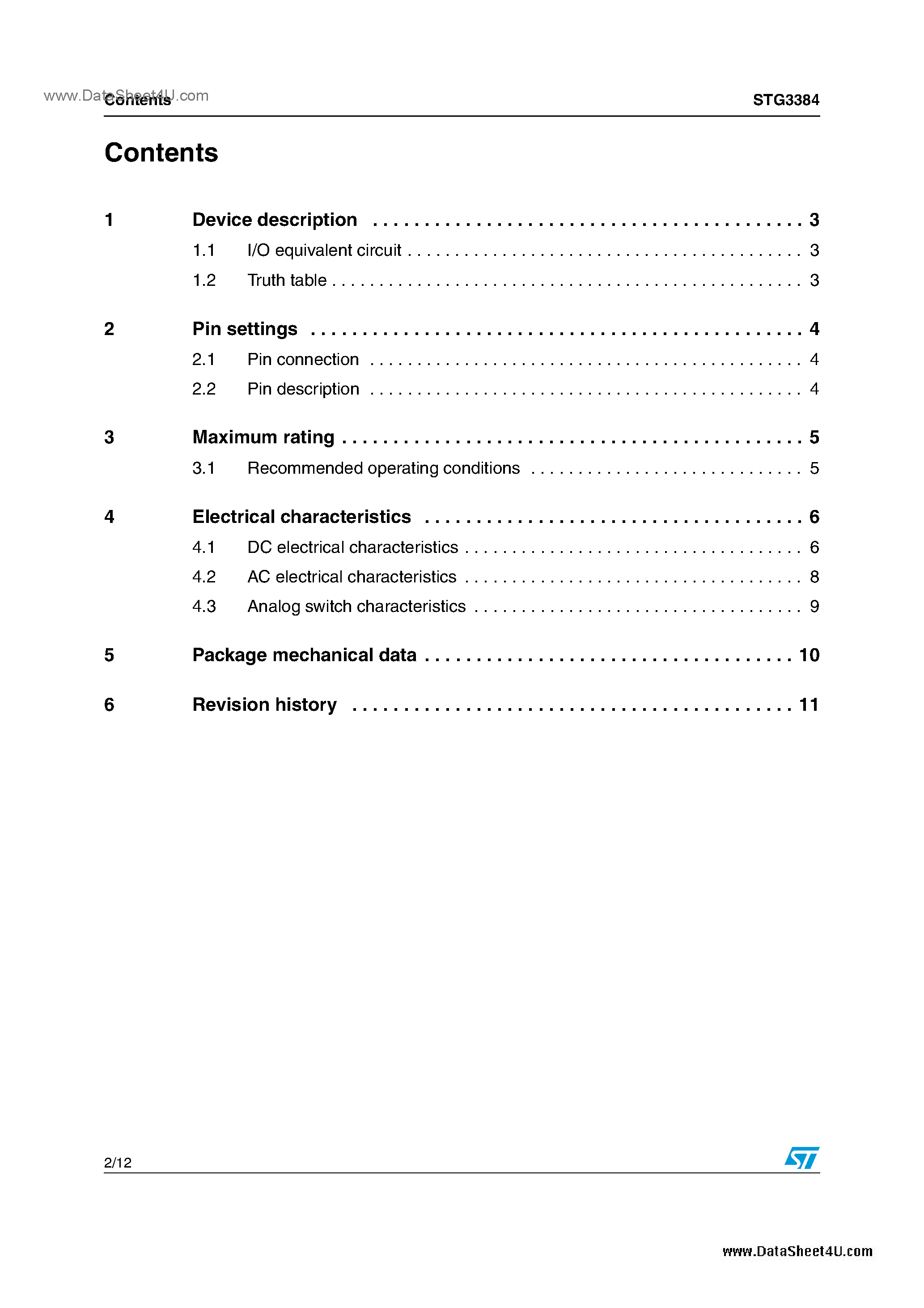 Datasheet STG3384 page 2 Datasheet STG3384 - dual SPST switch page 2