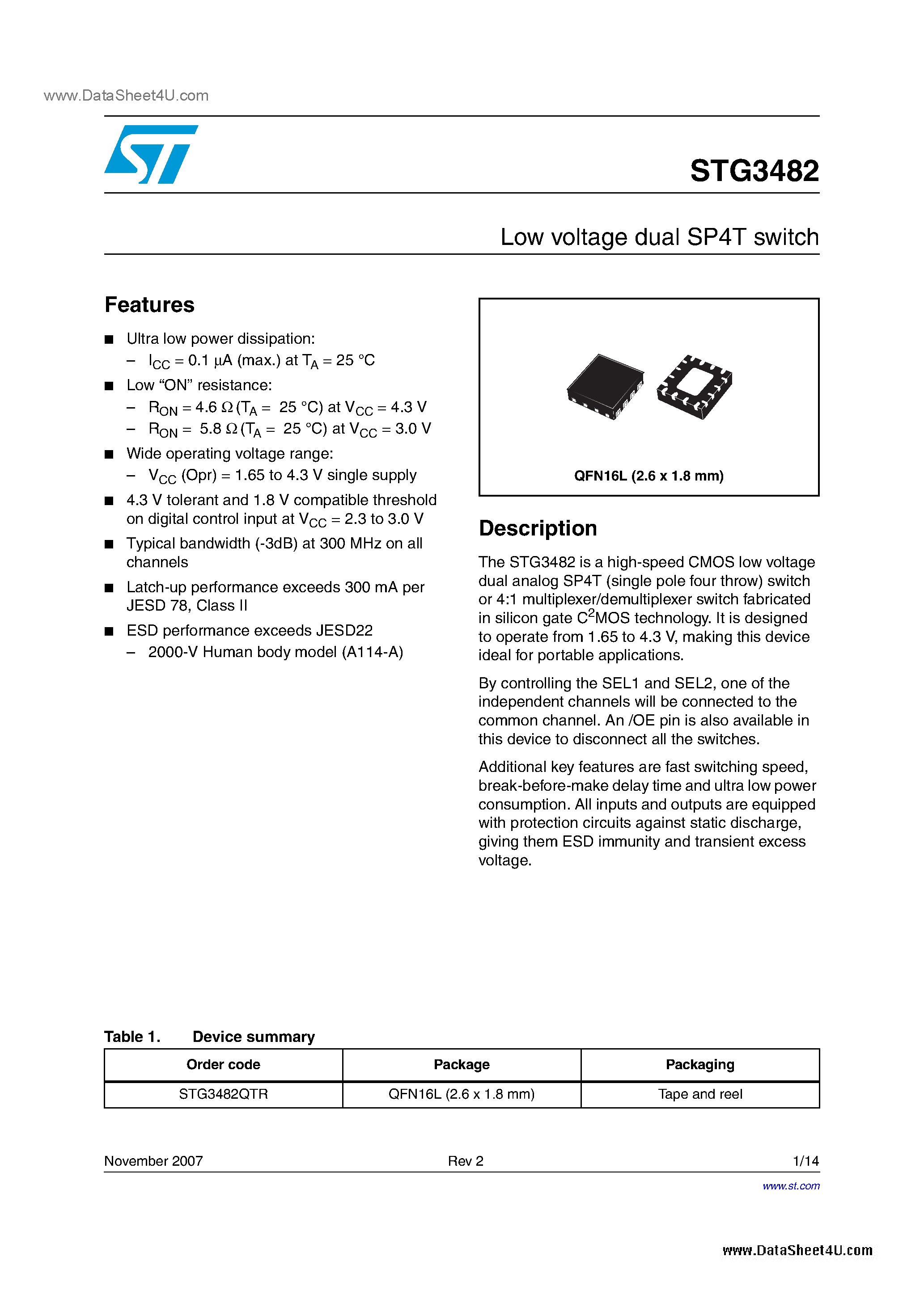 Datasheet STG3482 page 1 Datasheet STG3482 - Low voltage dual SP4T switch page 1