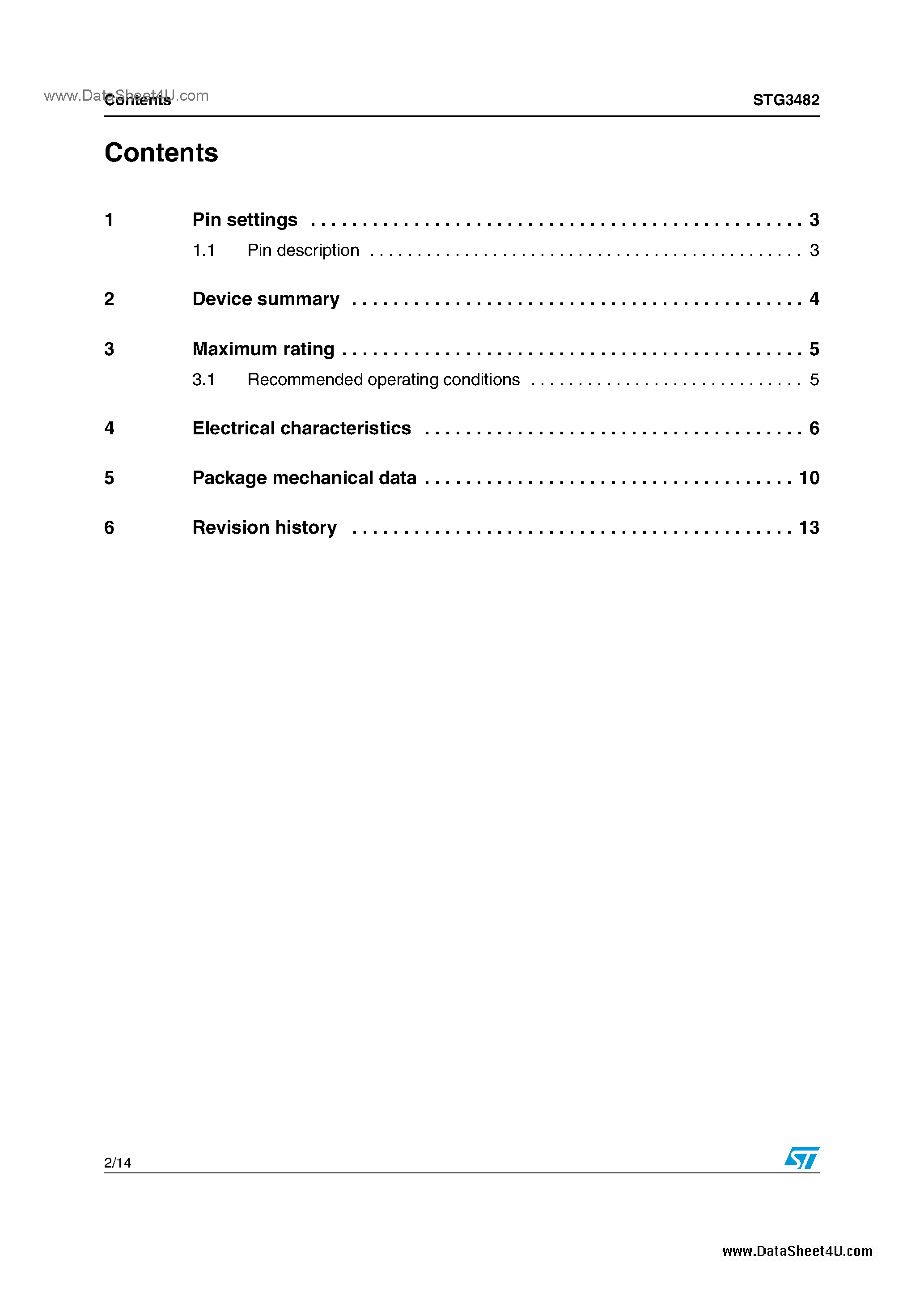 Datasheet STG3482 page 2 Datasheet STG3482 - Low voltage dual SP4T switch page 2