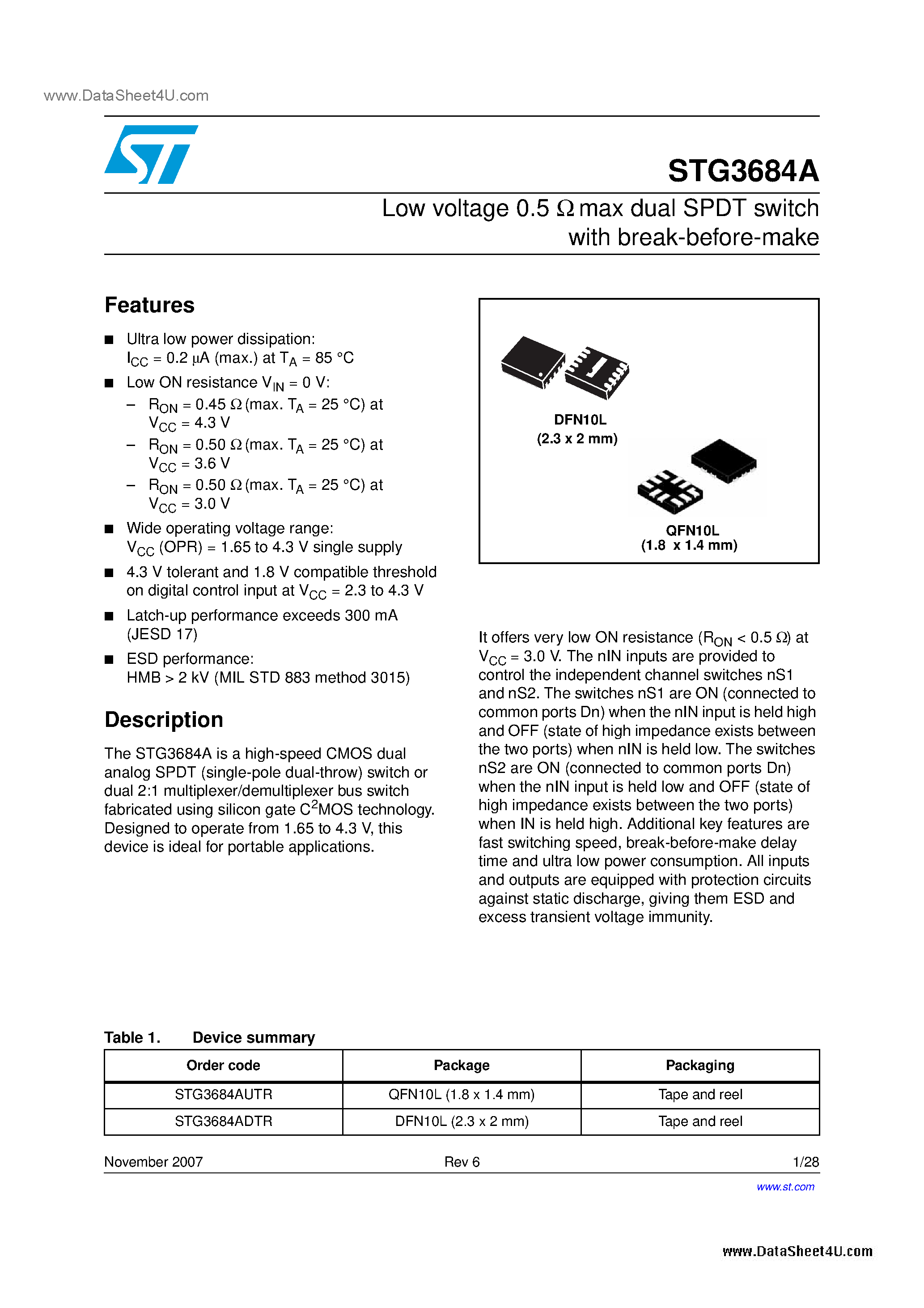 Datasheet STG3684A page 1 Datasheet STG3684A - dual SPDT switch page 1