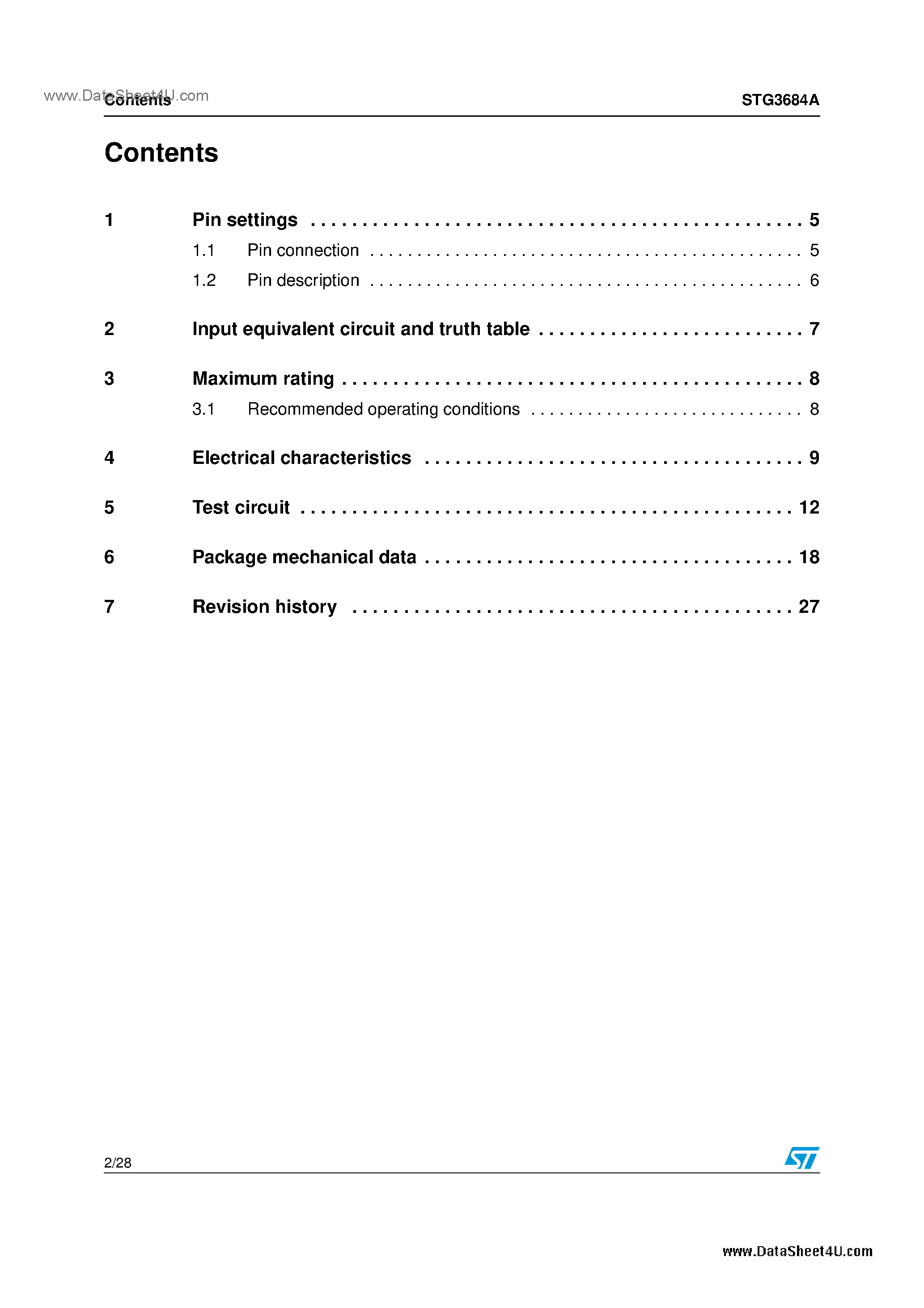 Datasheet STG3684A page 2 Datasheet STG3684A - dual SPDT switch page 2