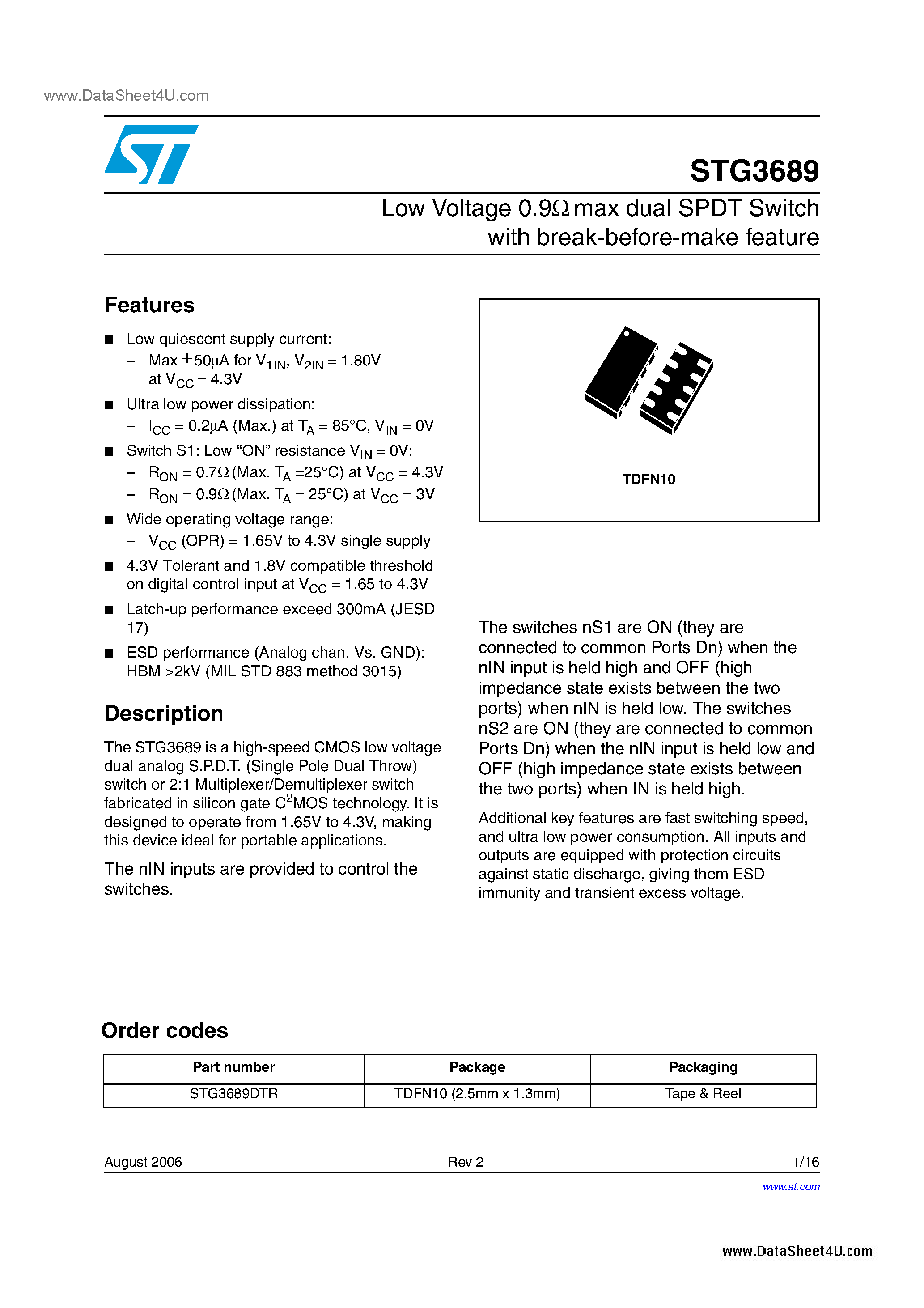 Datasheet STG3689 page 1 Datasheet STG3689 - dual SPDT Switch page 1
