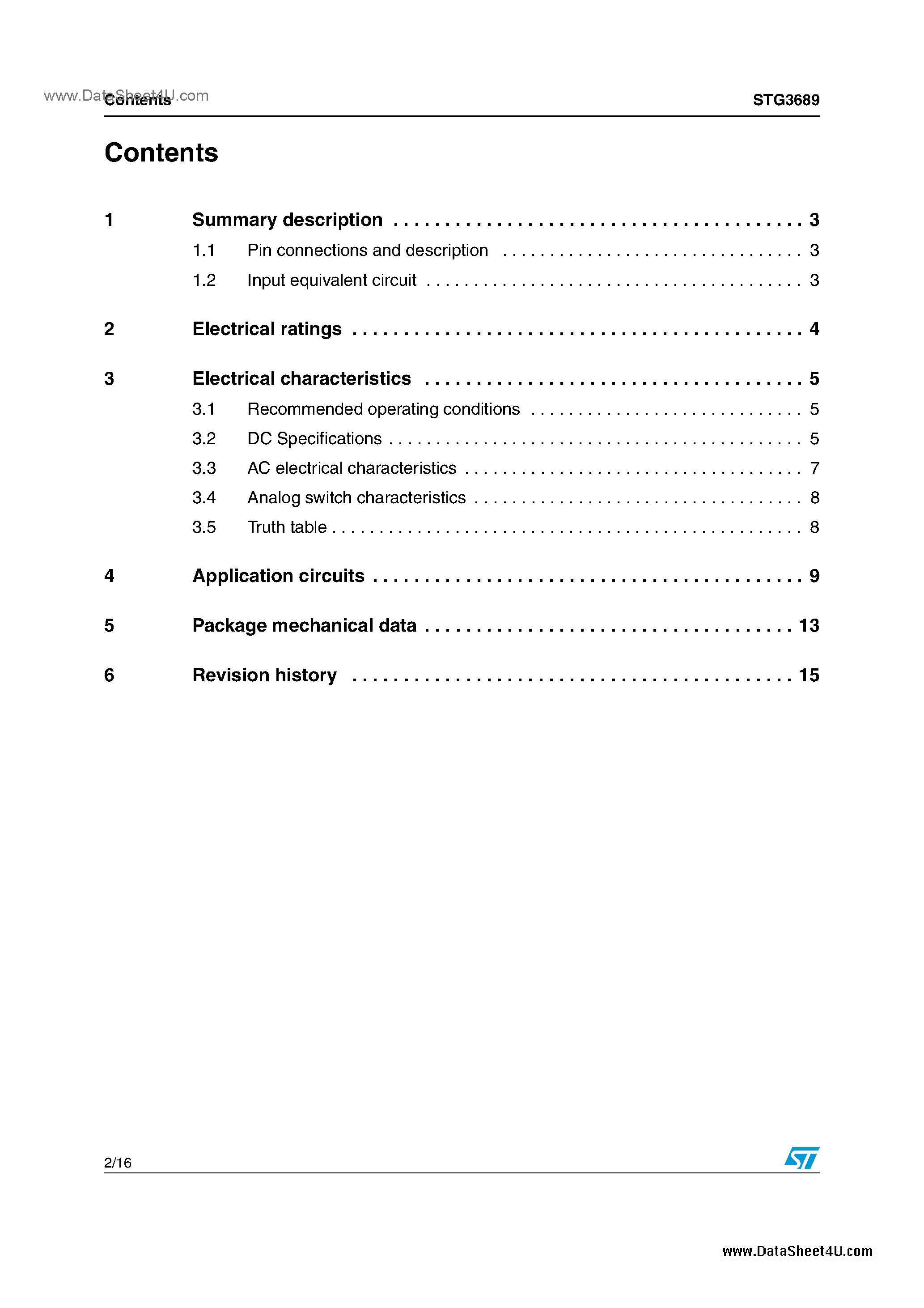 Datasheet STG3689 page 2 Datasheet STG3689 - dual SPDT Switch page 2