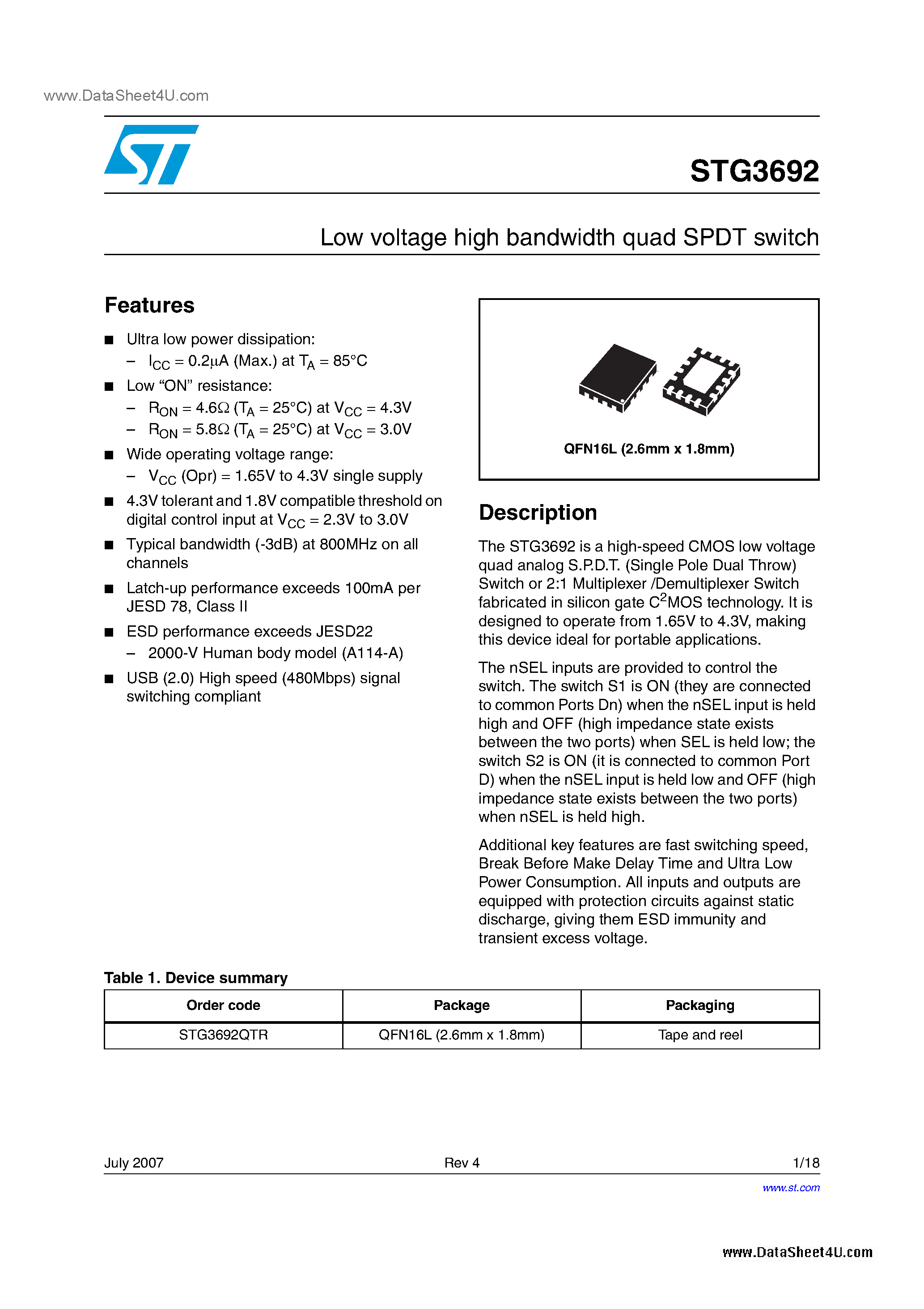 Datasheet STG3692 page 1 Datasheet STG3692 - Low voltage high bandwidth quad SPDT switch page 1