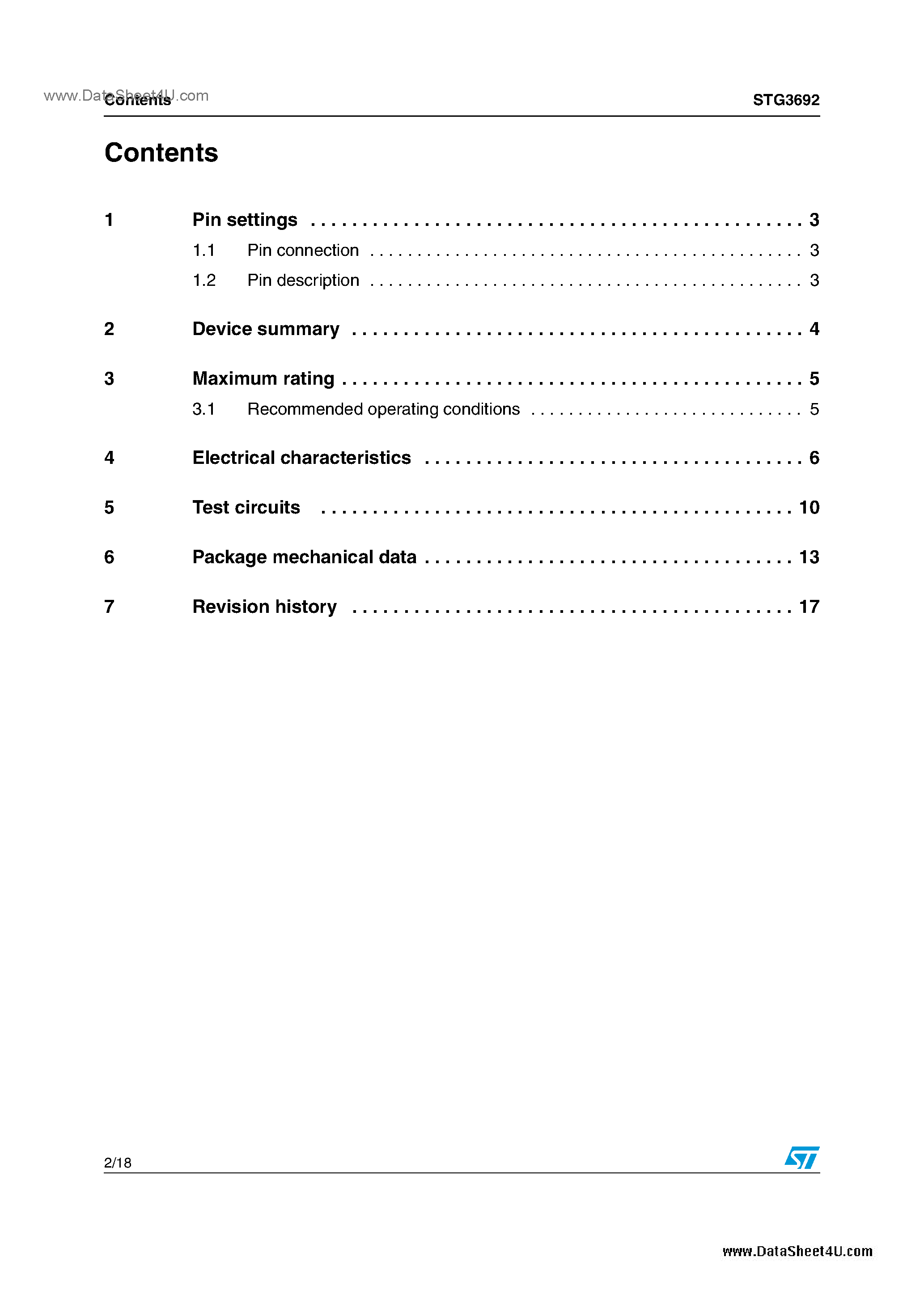 Datasheet STG3692 page 2 Datasheet STG3692 - Low voltage high bandwidth quad SPDT switch page 2