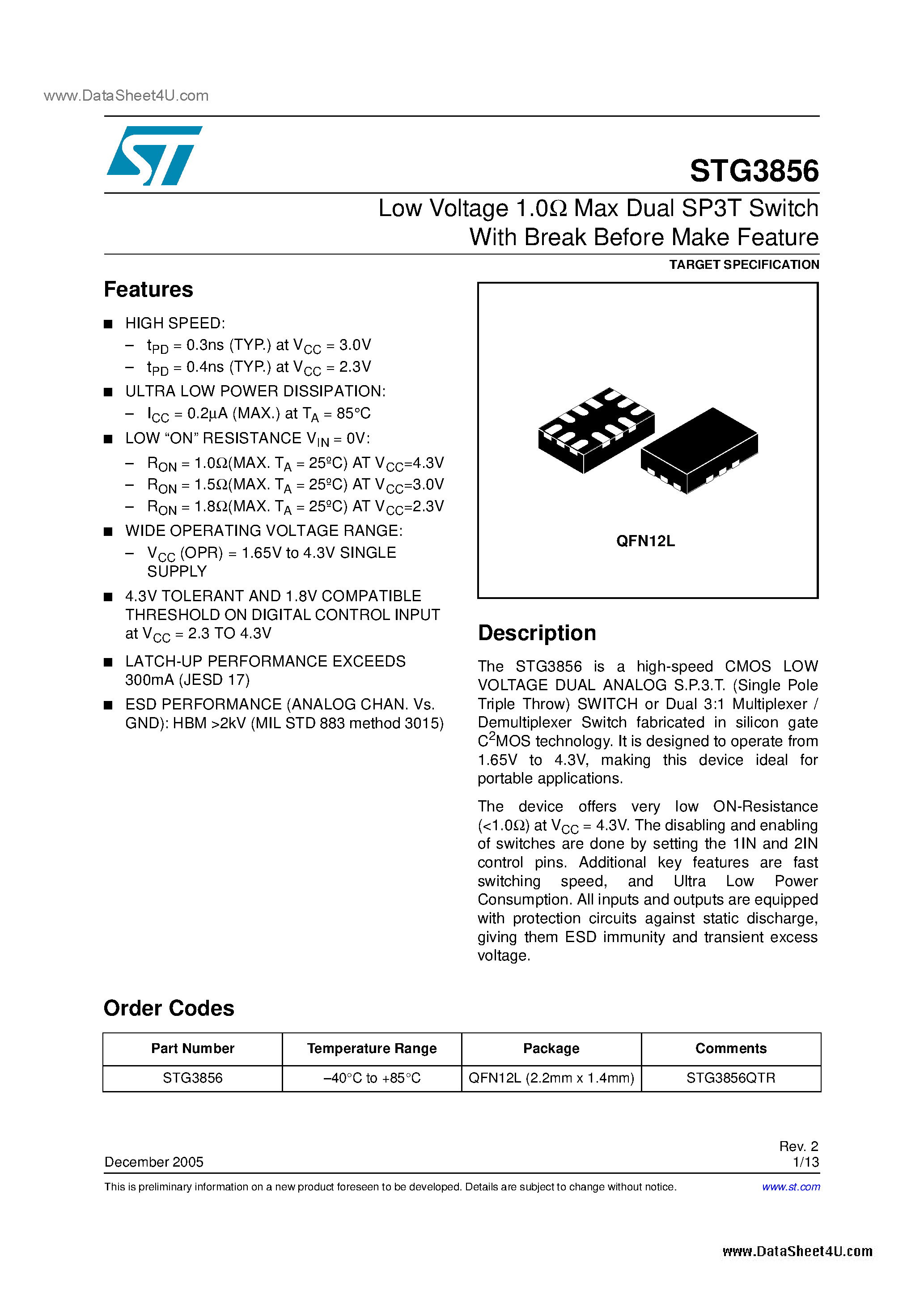 Datasheet STG3856 - Dual SP3T Switch page 1