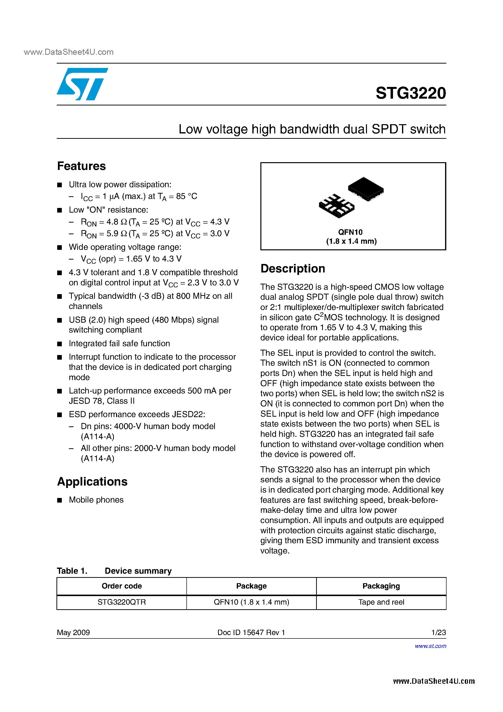 Datasheet STG3220 page 1 Datasheet STG3220 - Low voltage high bandwidth dual SPDT switch page 1