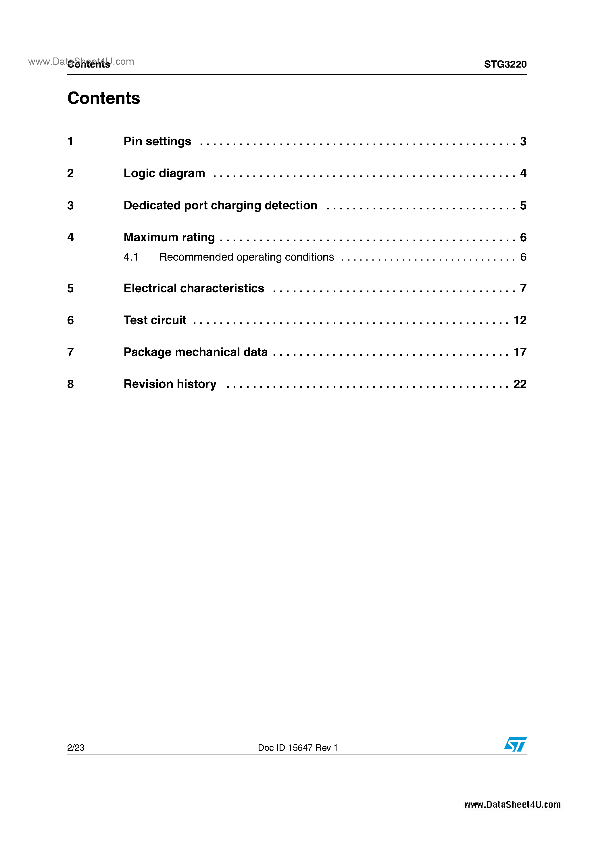 Datasheet STG3220 page 2 Datasheet STG3220 - Low voltage high bandwidth dual SPDT switch page 2