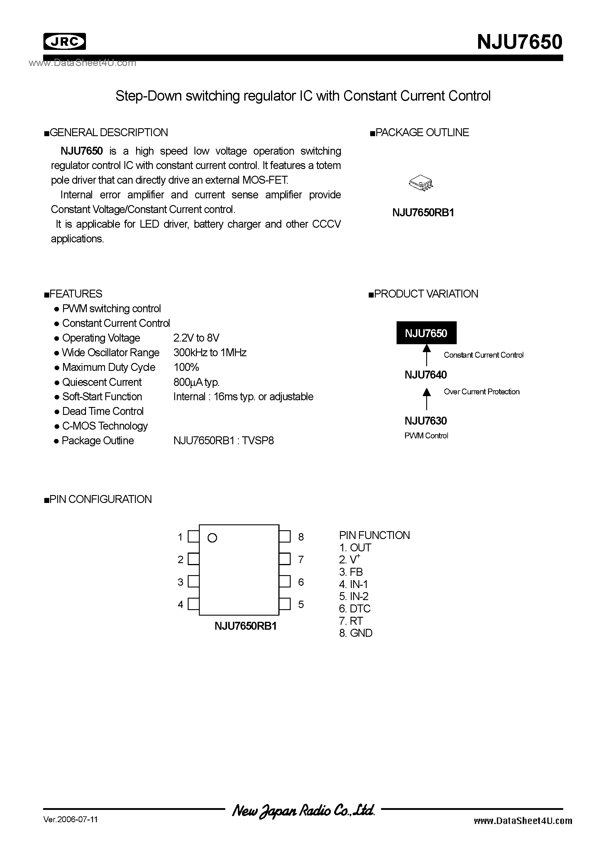 Datasheet NJU7650 page 1 Datasheet NJU7650 - Switching Regulator IC / TVSP8 page 1