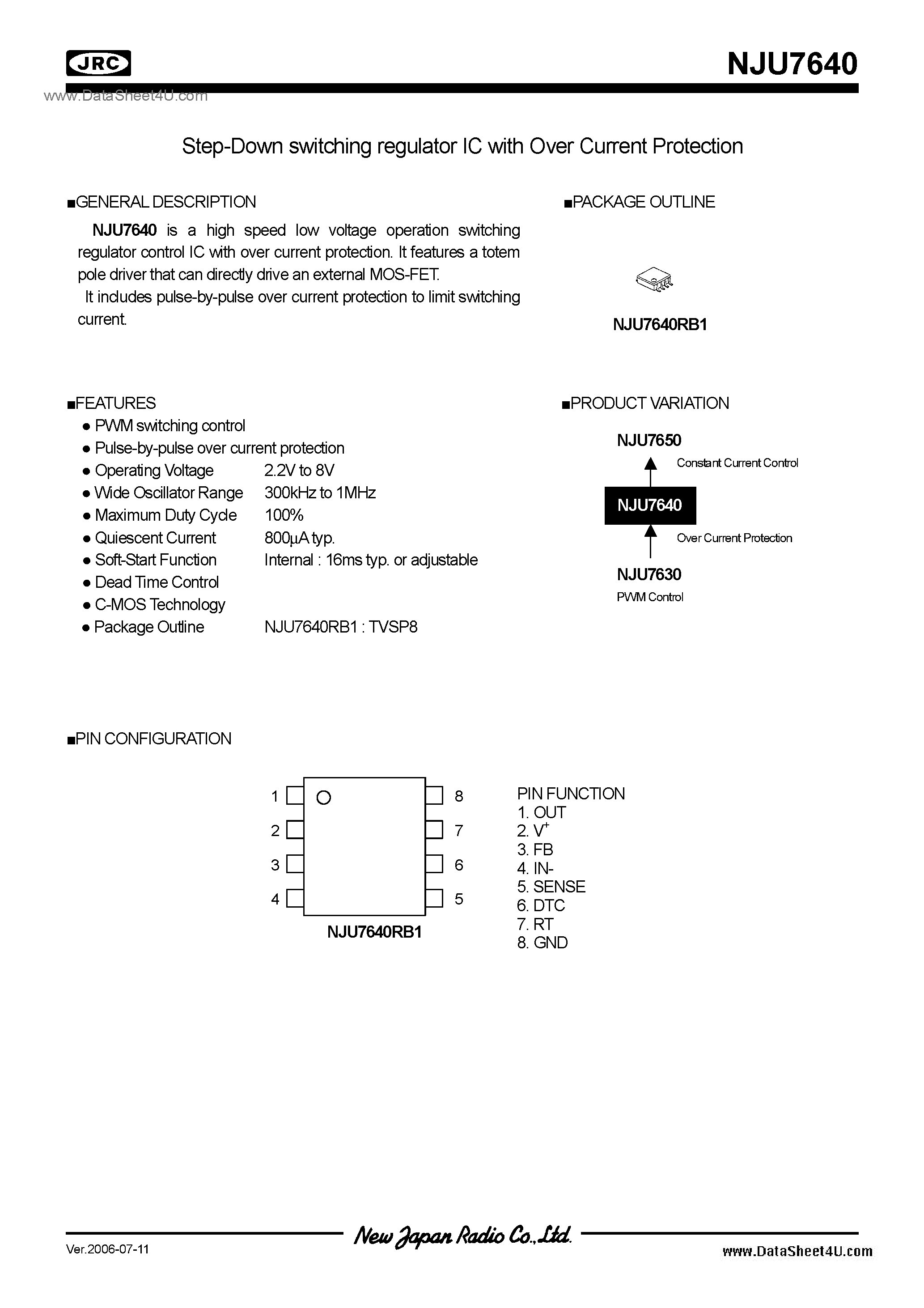 Datasheet NJU7640 page 1 Datasheet NJU7640 - Switching Regulator IC / TVSP8 page 1