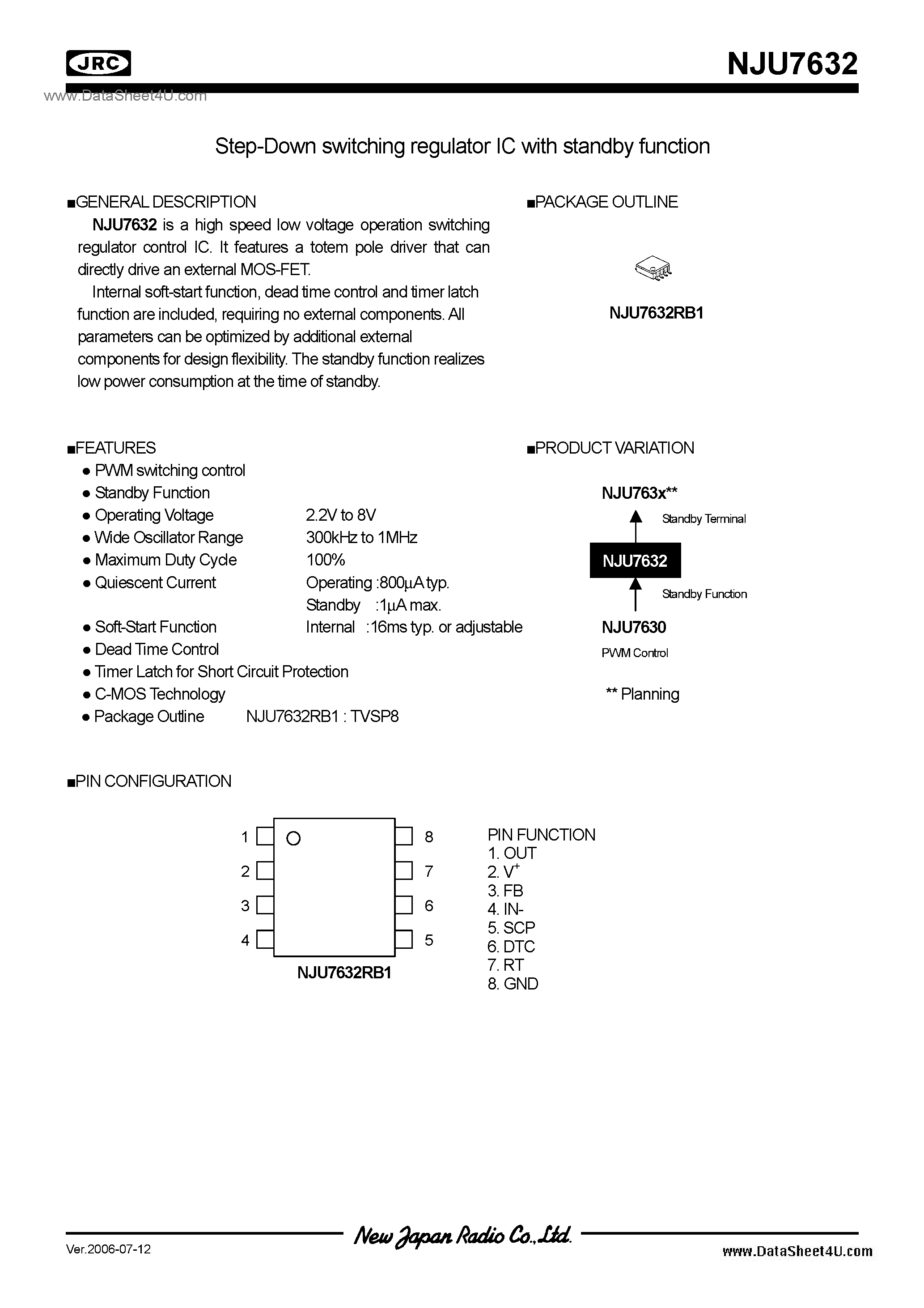 Datasheet NJU7632 page 1 Datasheet NJU7632 - Switching Regulator IC / TVSP8 page 1