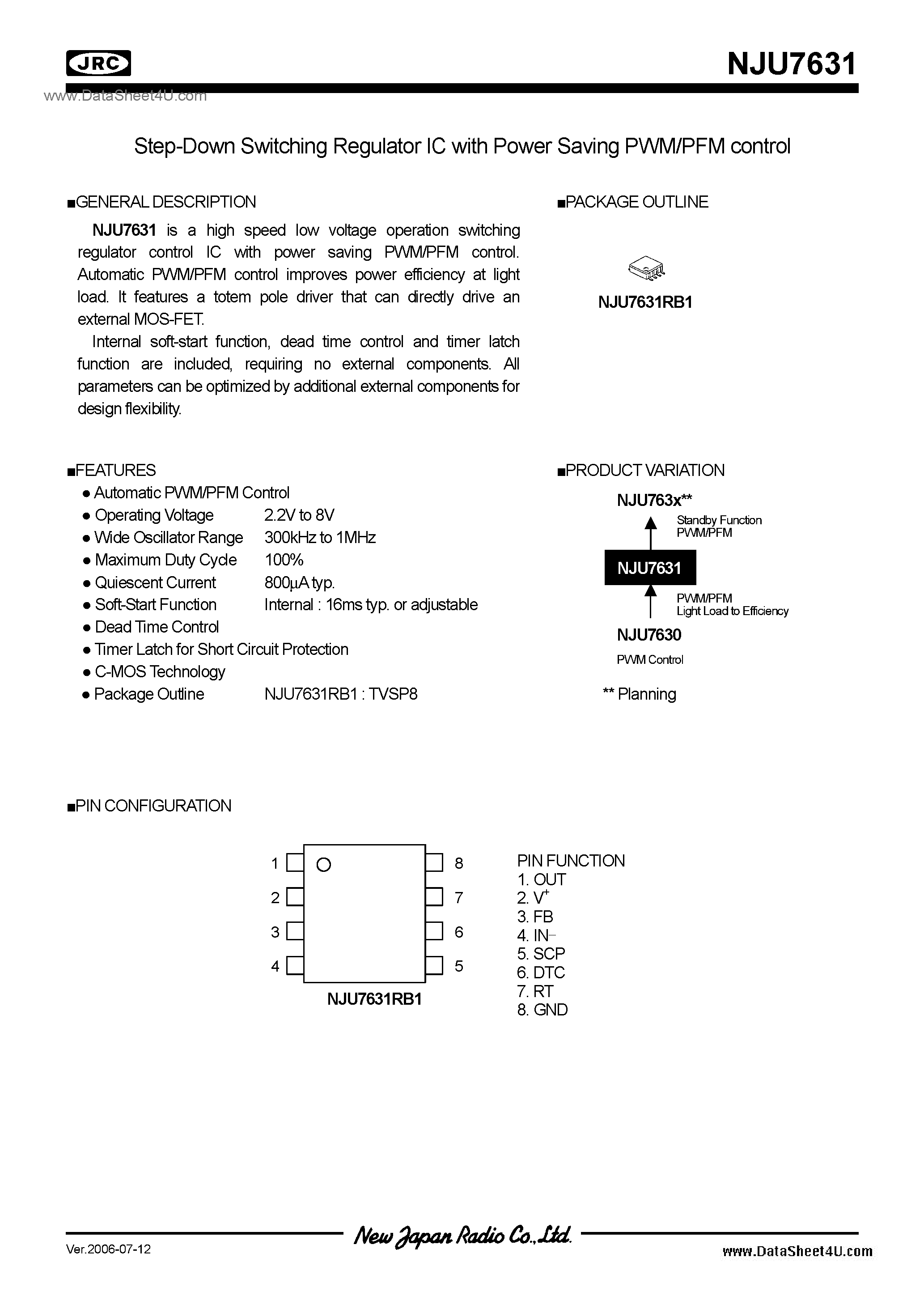 Datasheet NJU7631 page 1 Datasheet NJU7631 - Switching Regulator IC / TVSP8 page 1