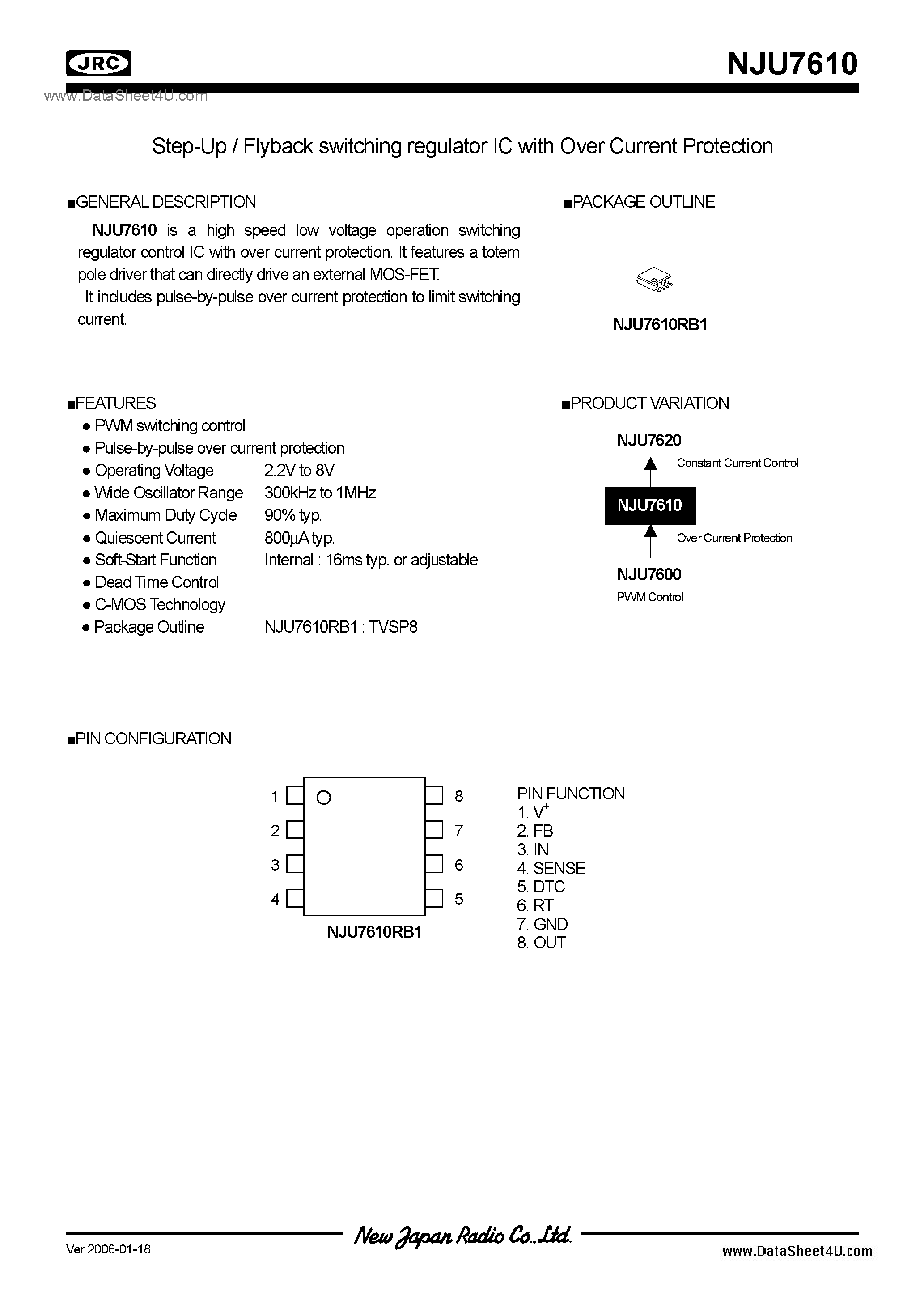 Datasheet NJU7610 page 1 Datasheet NJU7610 - Switching Regulator IC / TVSP8 page 1