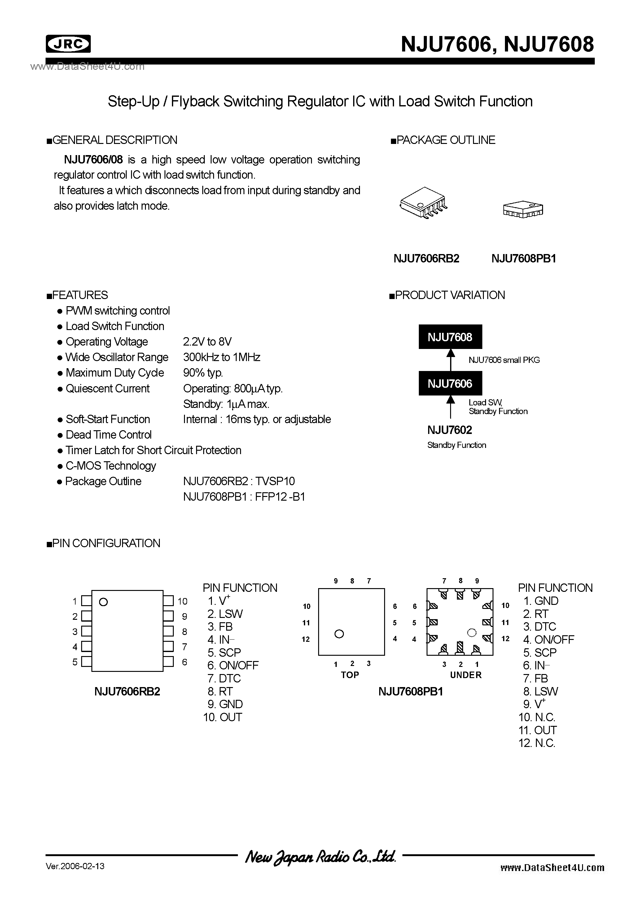 Datasheet NJU7606 page 1 Datasheet NJU7606 - (NJU7606 / NJU7608) Switching Regulator IC / TVSP10 page 1