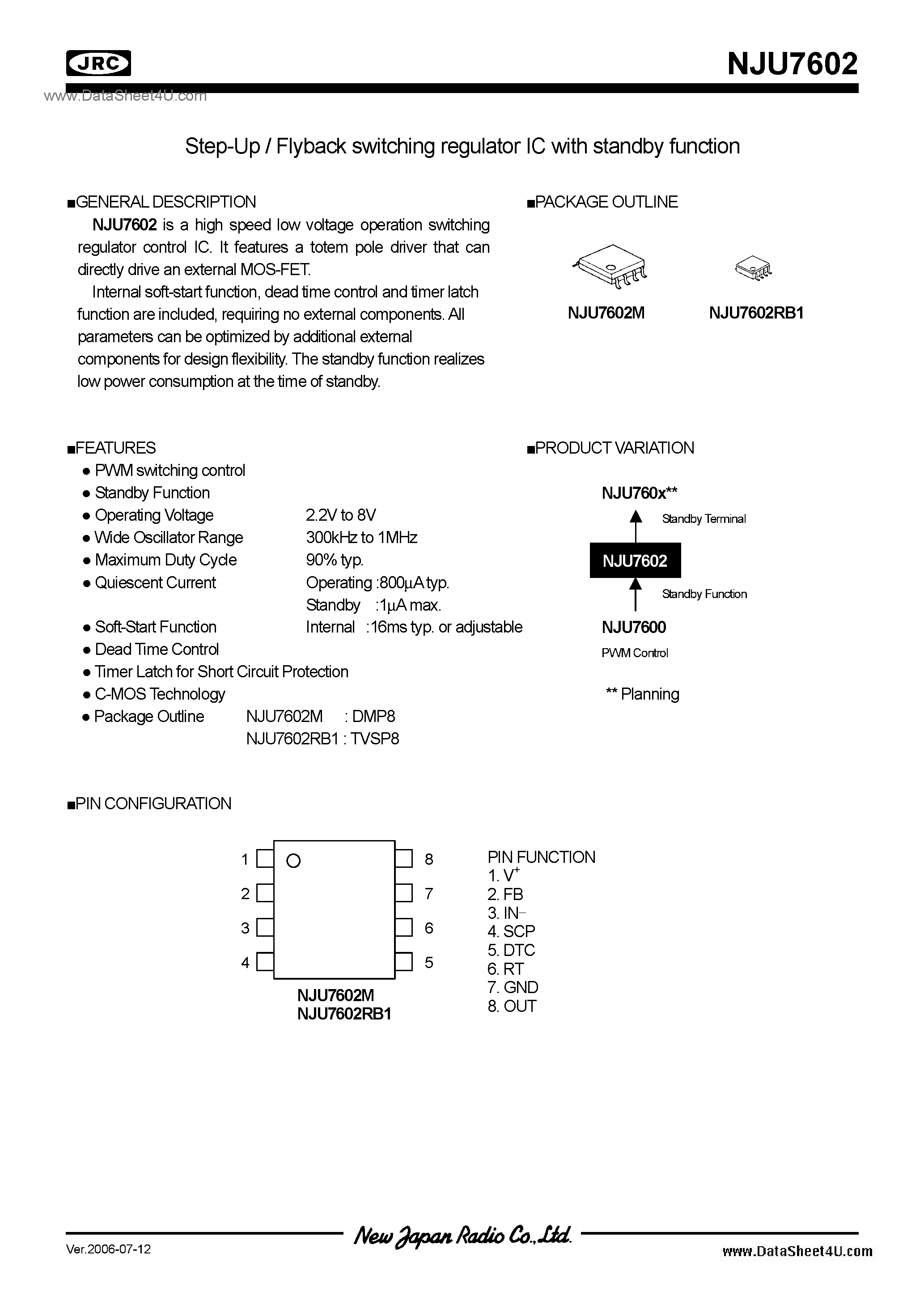 Datasheet NJU7602 page 1 Datasheet NJU7602 - Switching Regulator IC / DMP8 / TVSP8 page 1