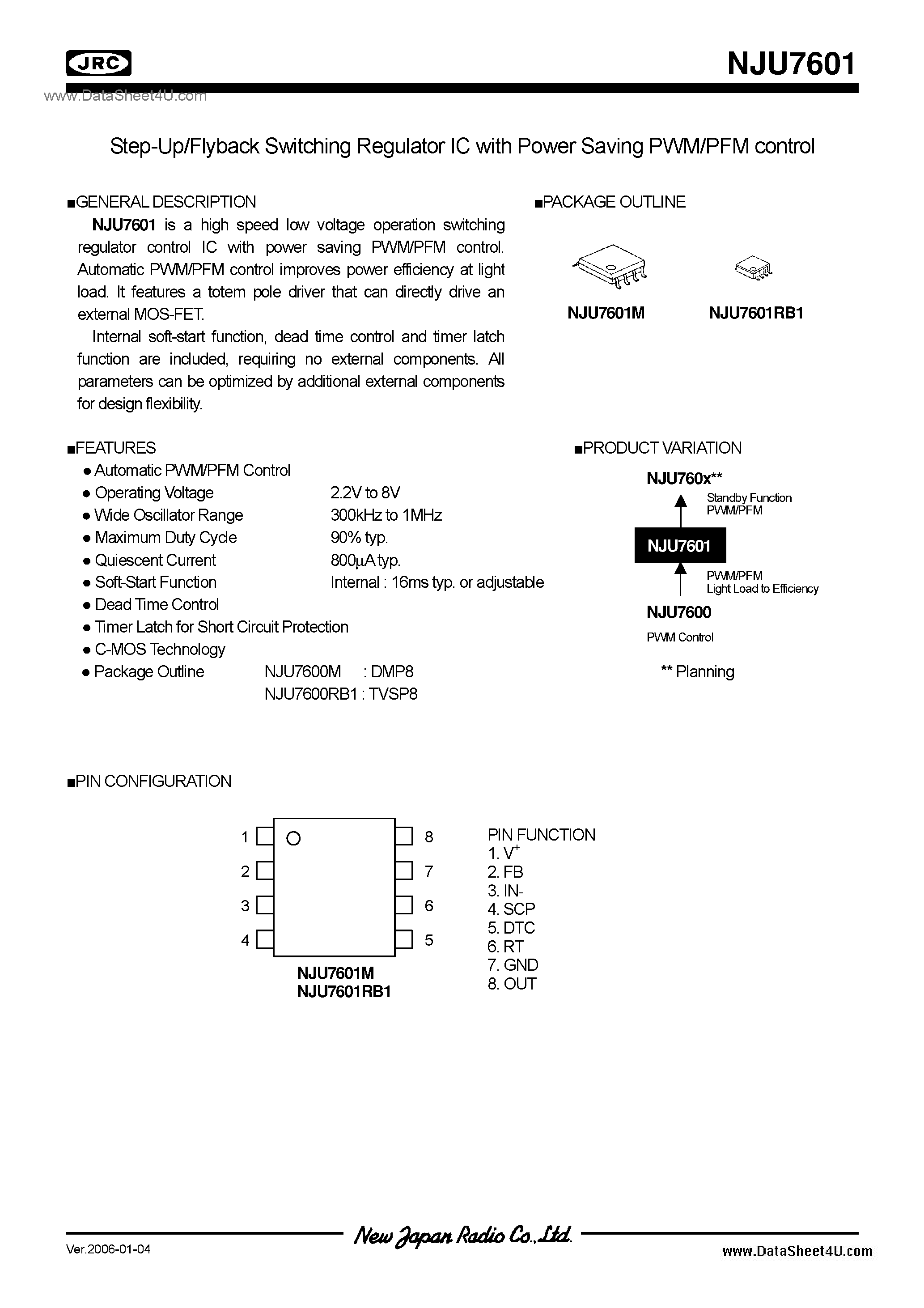 Datasheet NJU7601 page 1 Datasheet NJU7601 - Switching Regulator IC / DMP8 / TVSP8 page 1