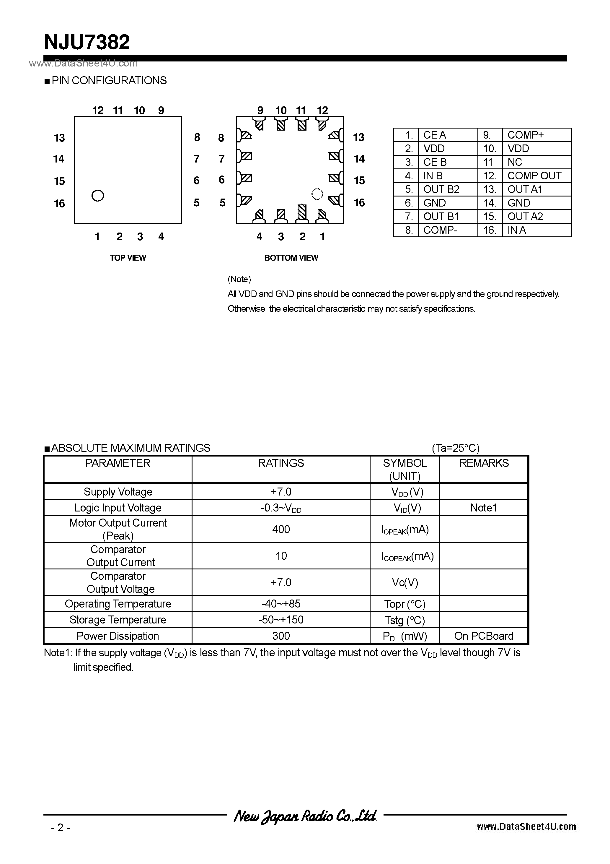 Datasheet NJU7382 - Stepper Motor / FFP16-C1 page 2