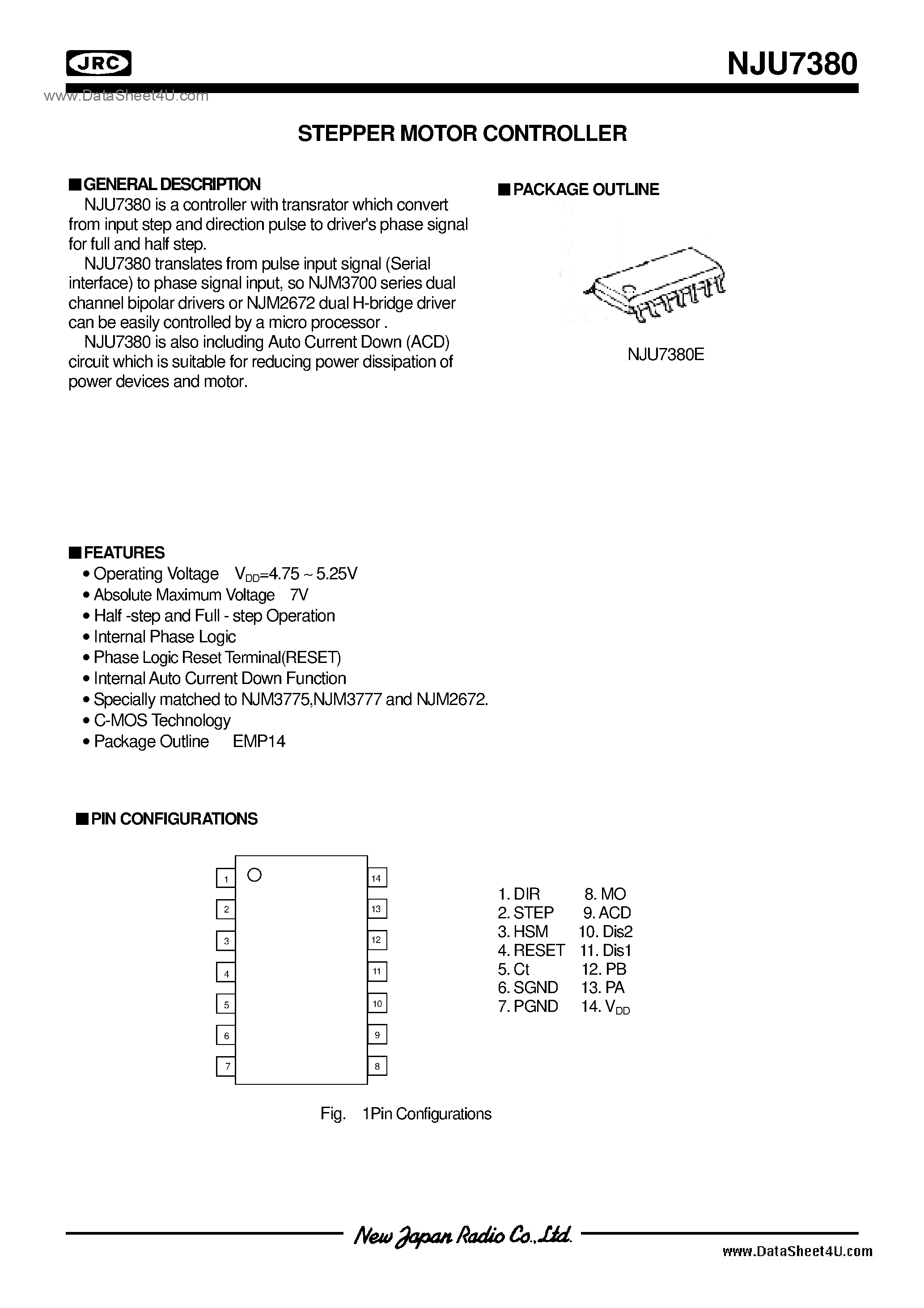 Даташит NJU7380 - Stepper Motor / EMP14 страница 1