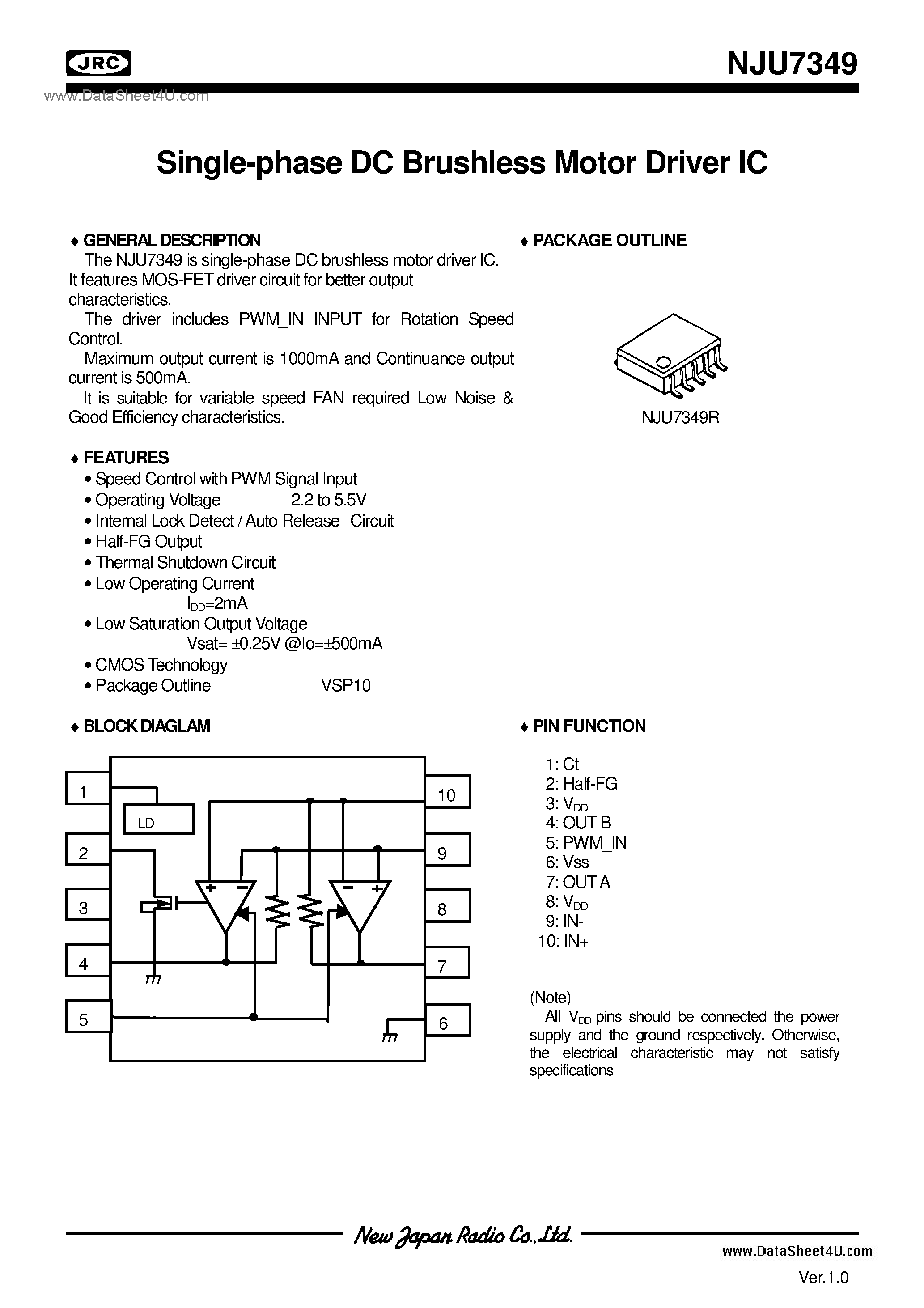 Datasheet NJU7349 - FAN Motor / VSP10 page 1